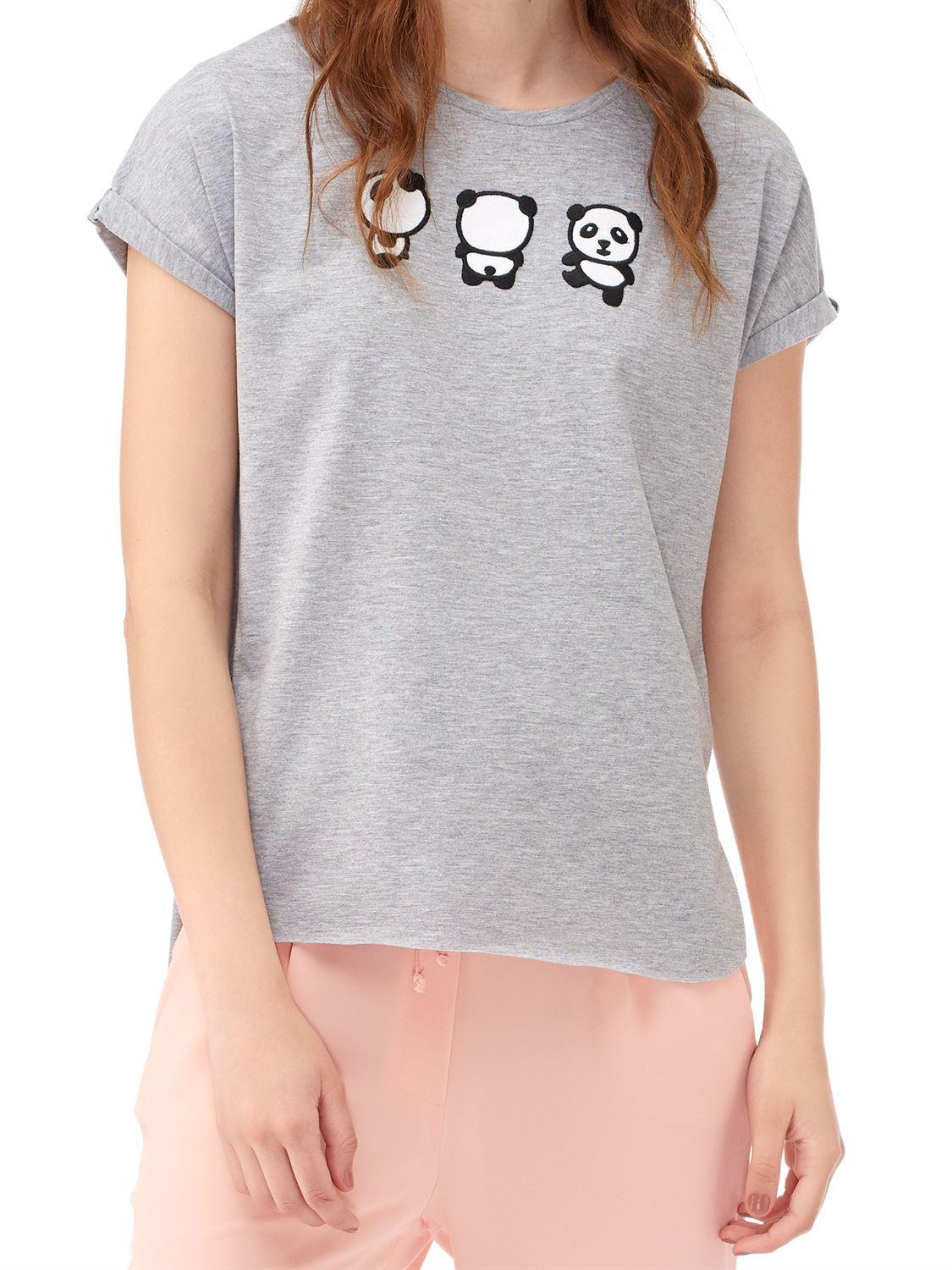 16570 Panda Nakışlı T-Shirt-Gri