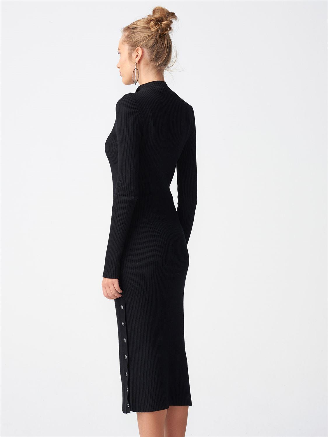 2050 Yarım Balıkçı Patlı Yırtmaçlı Elbise-Siyah