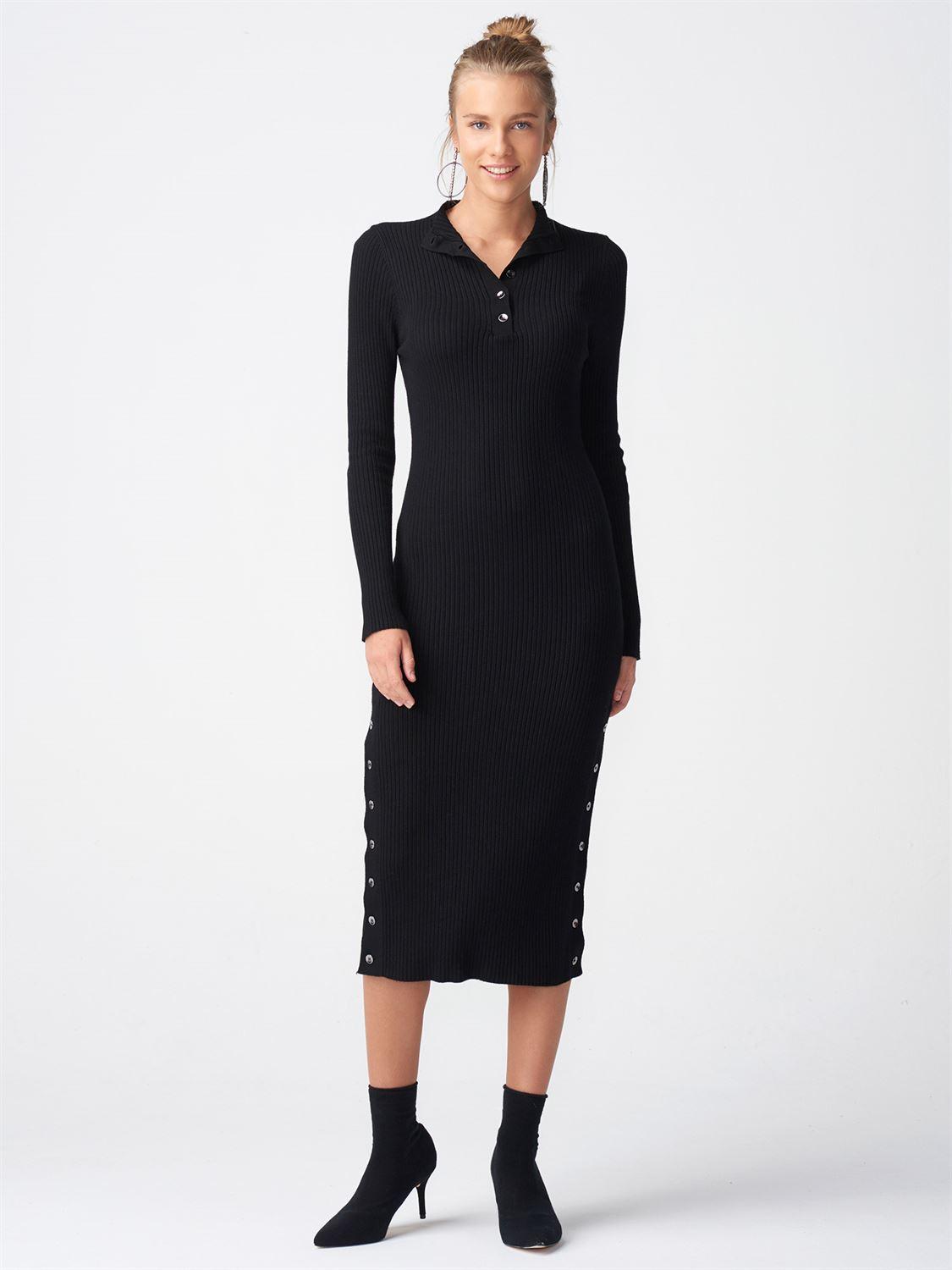 2050 Yarım Balıkçı Patlı Yırtmaçlı Elbise-Siyah