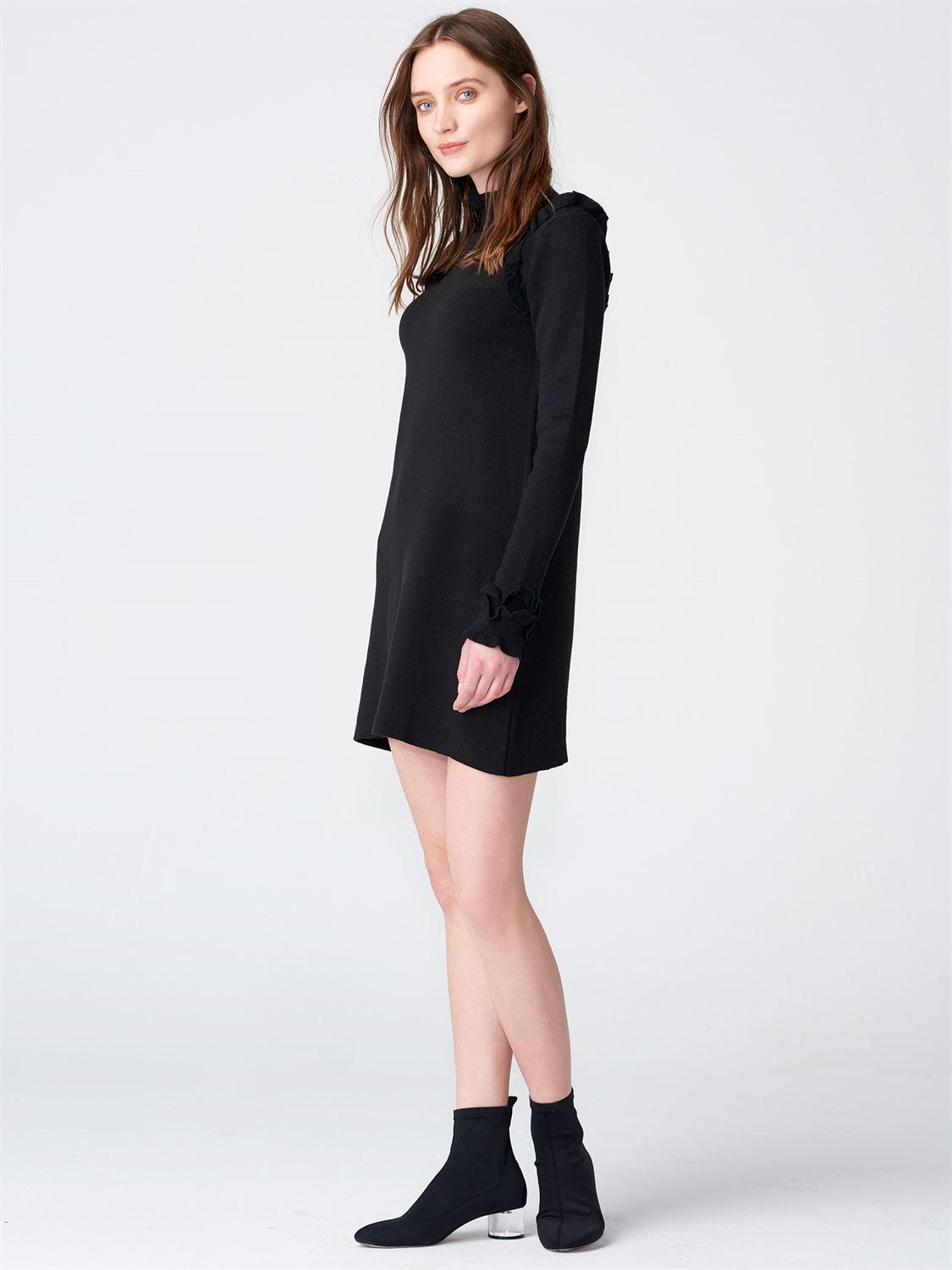 11046 Fırfırlı Triko Elbise-Siyah
