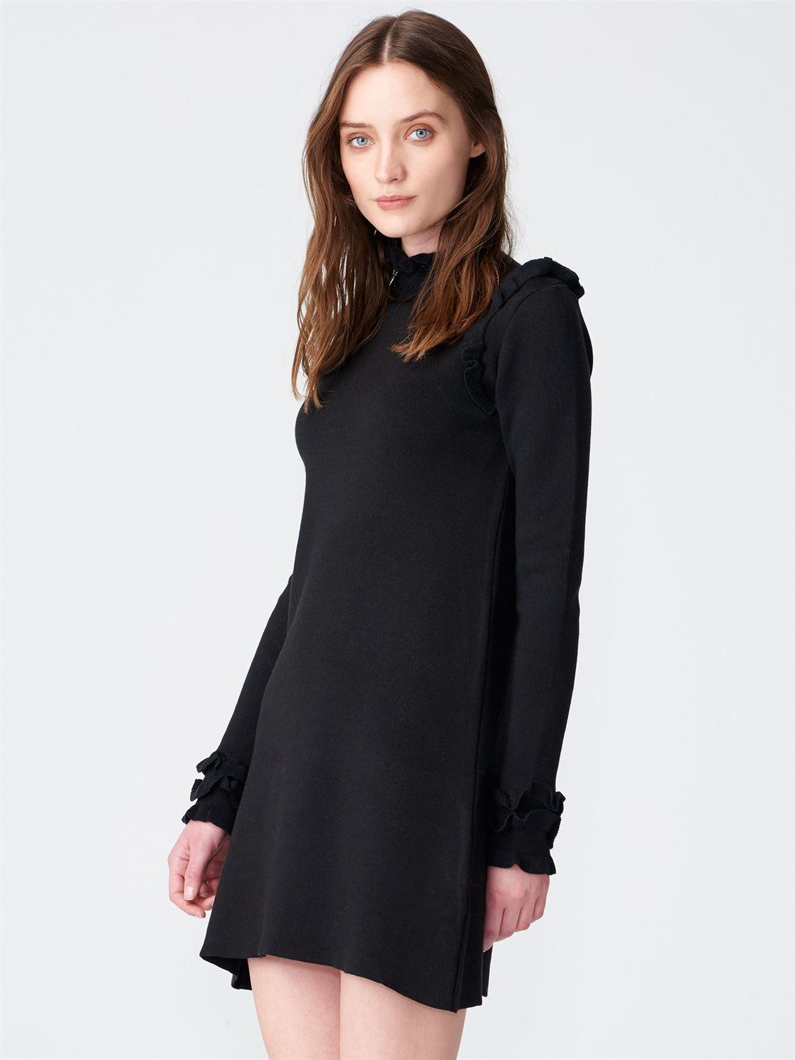 11046 Fırfırlı Triko Elbise-Siyah