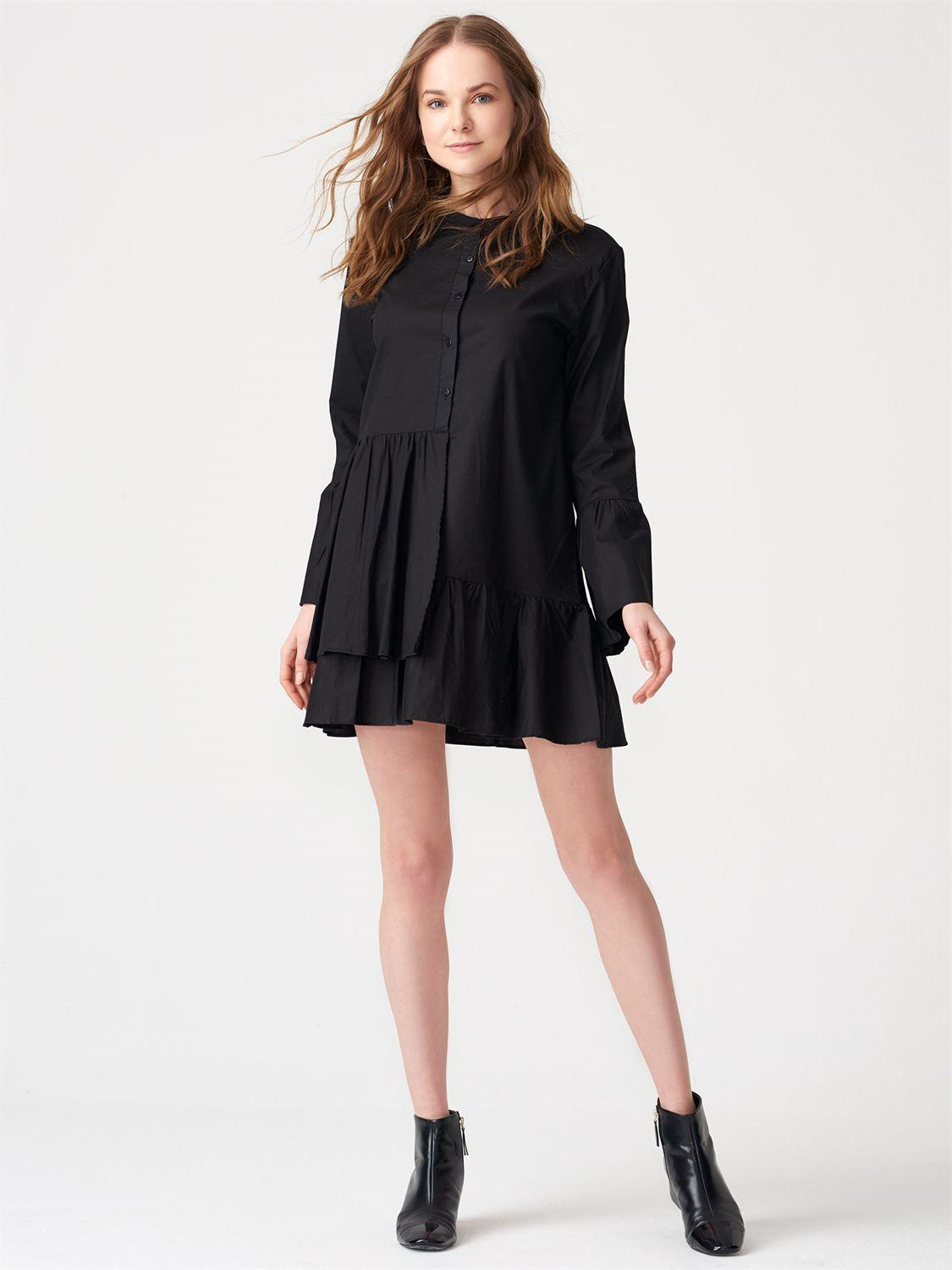 16671 Fırfırlı Asimetrik Gömlek Elbise-Siyah