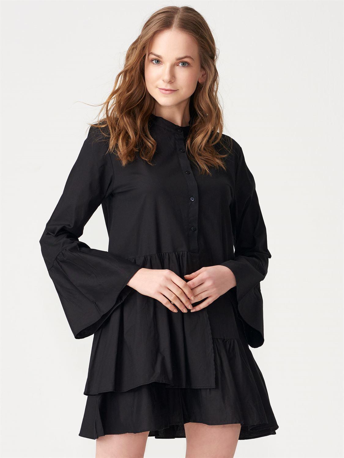 16671 Fırfırlı Asimetrik Gömlek Elbise-Siyah