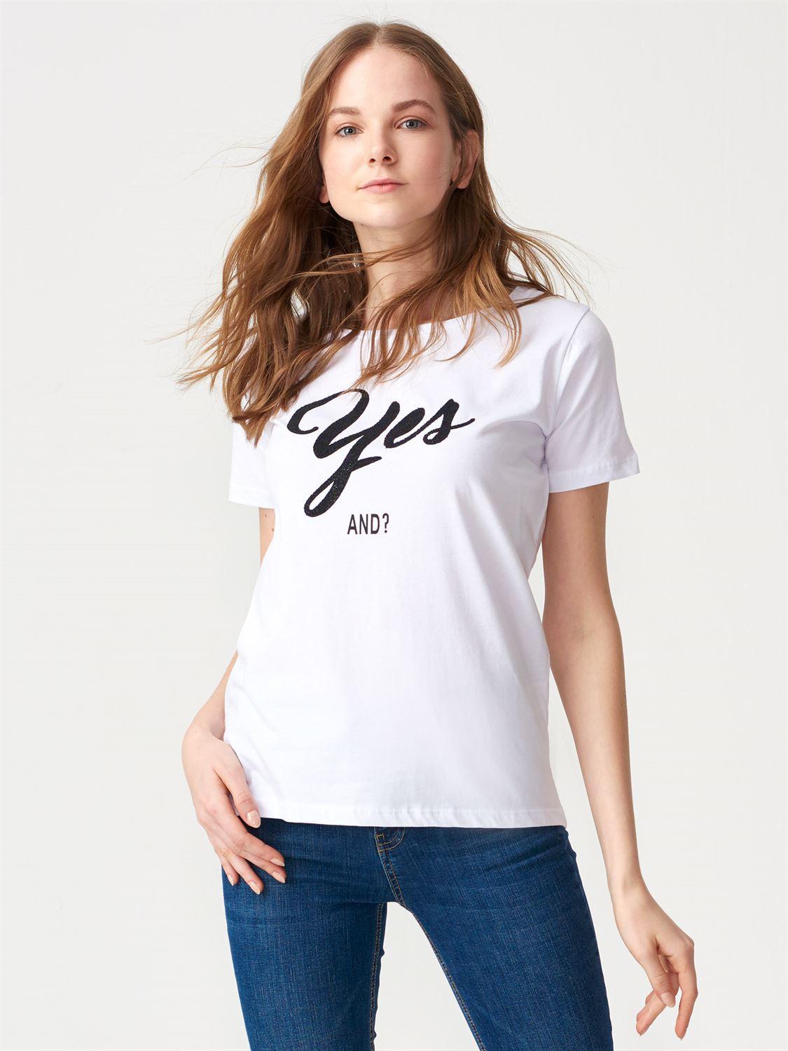 16661 Yes Baskılı Taşlı T-Shirt-Beyaz