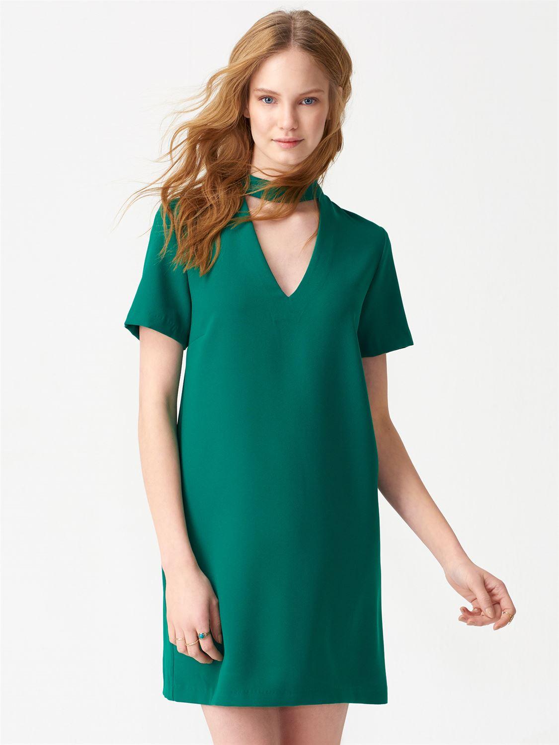 9637 Yakası Bantlı Elbise-Yeşil