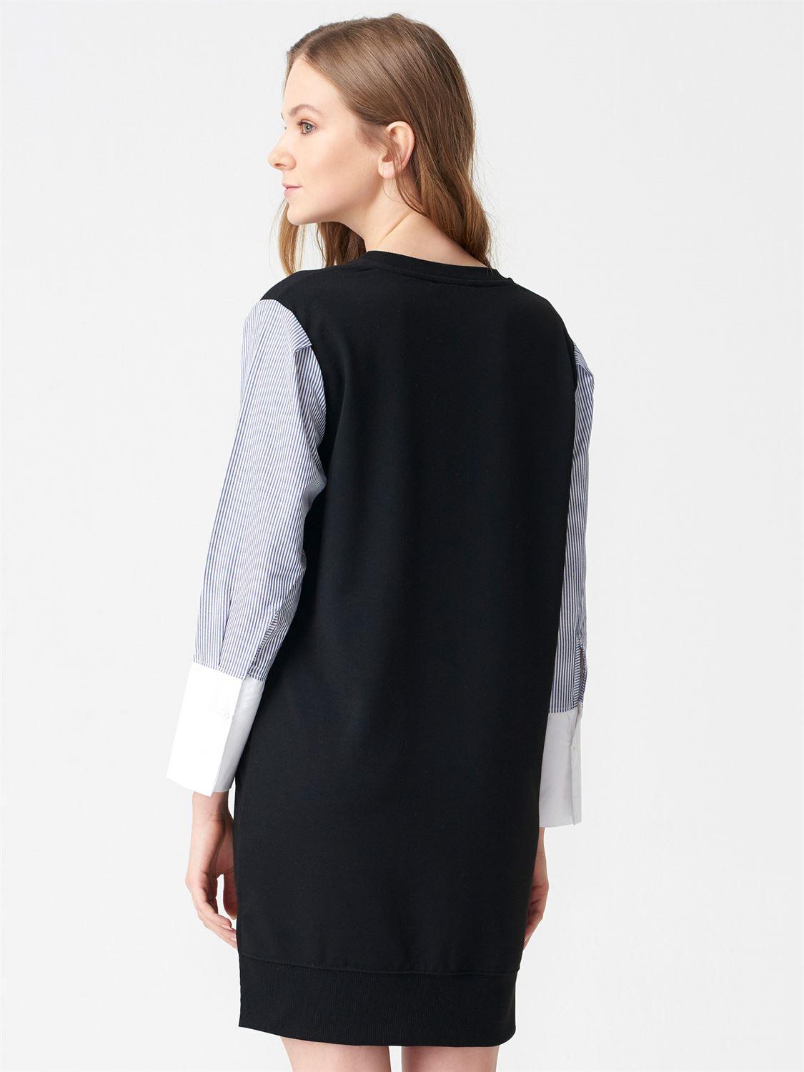 1014 Gömlek Kollu Penye Elbise-Siyah