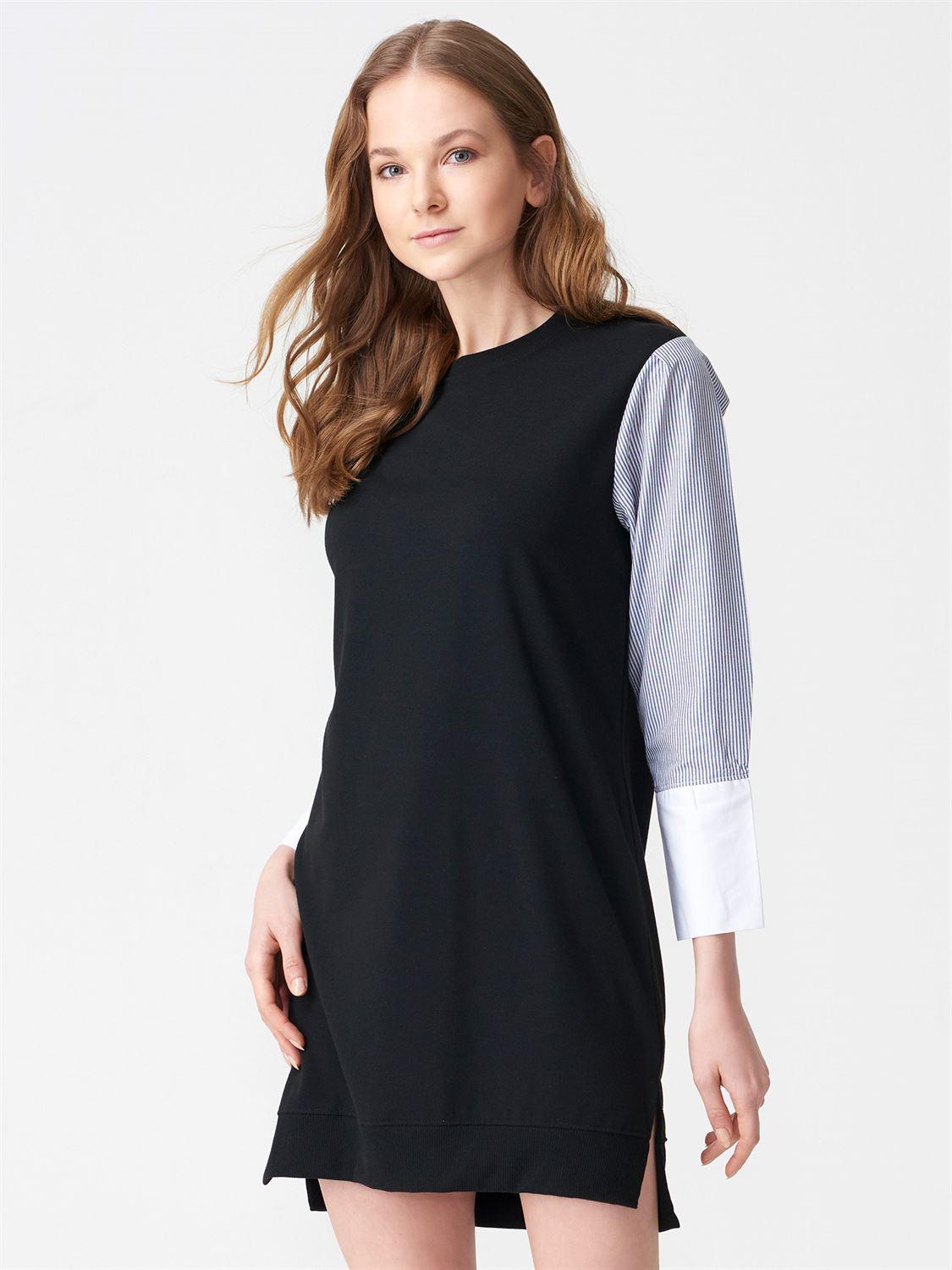 1014 Gömlek Kollu Penye Elbise-Siyah