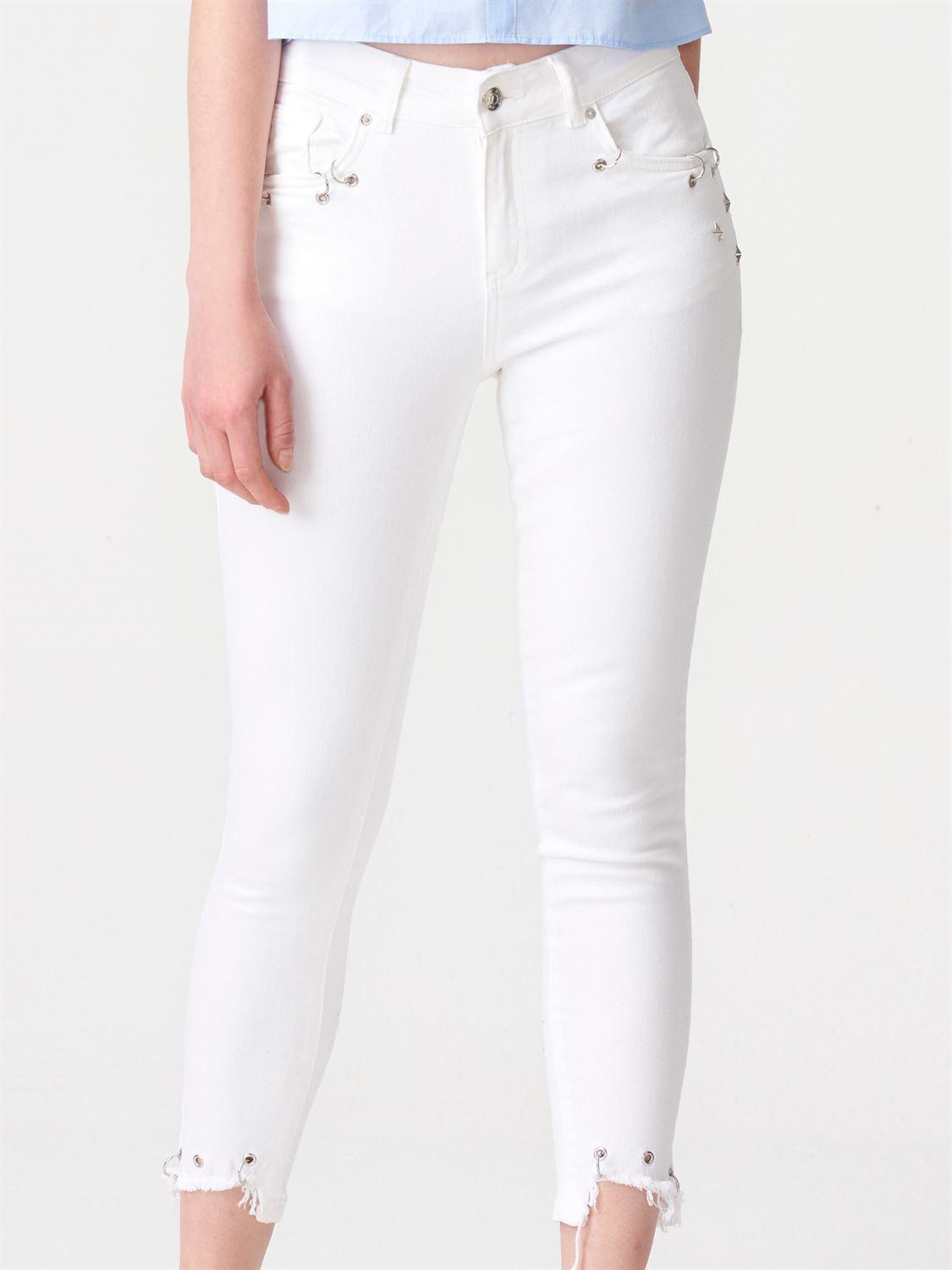 7216 Metal Aksesuarlı Beyaz Pantolon-Beyaz
