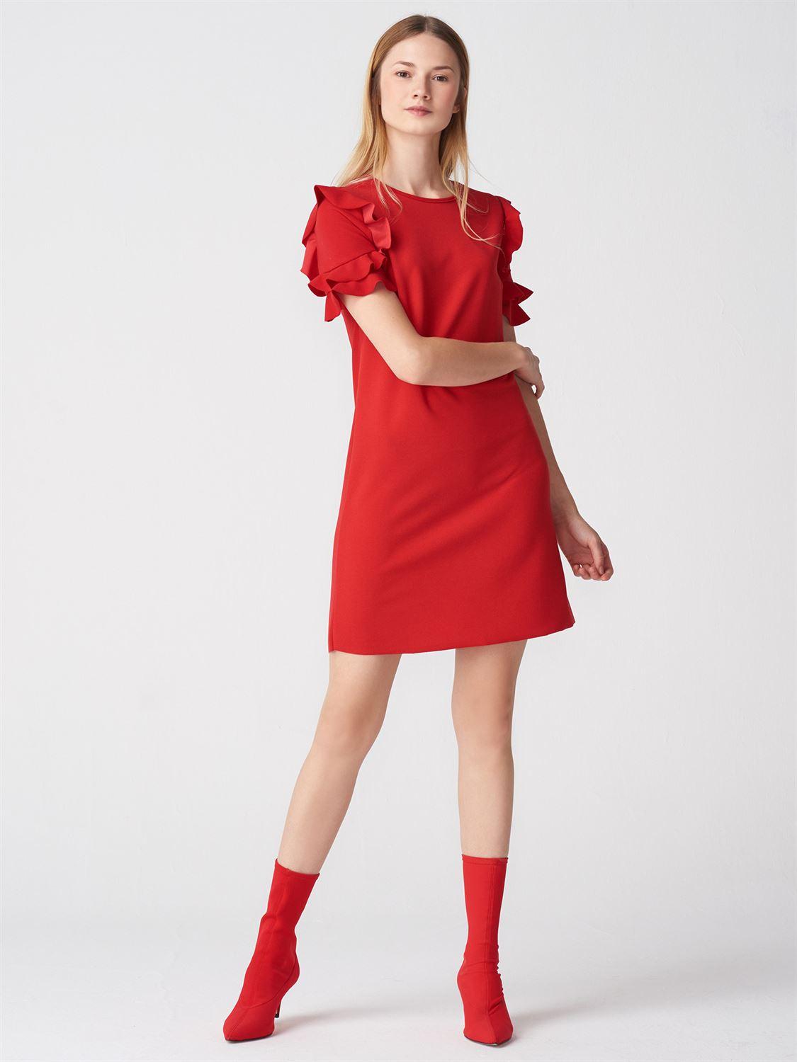 9821 Omzu Fermuarlı Elbise-Kırmızı