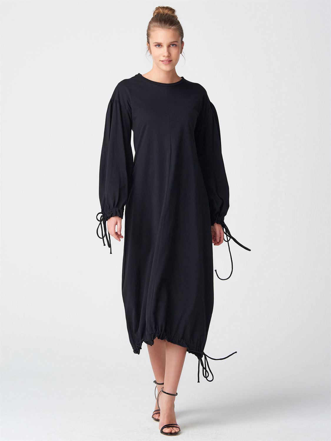 9854 Salaş Bağcıklı Elbise-Siyah
