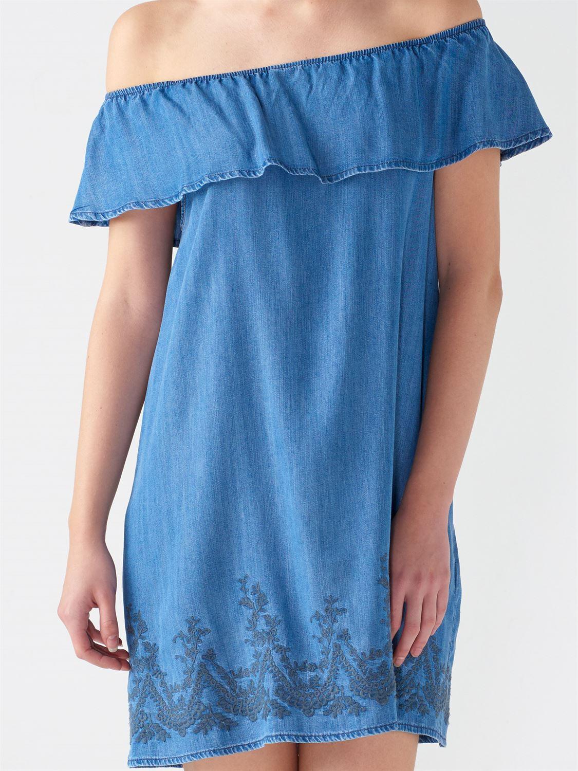 9599 Eteği Nakışlı Denim Elbise-Mavi