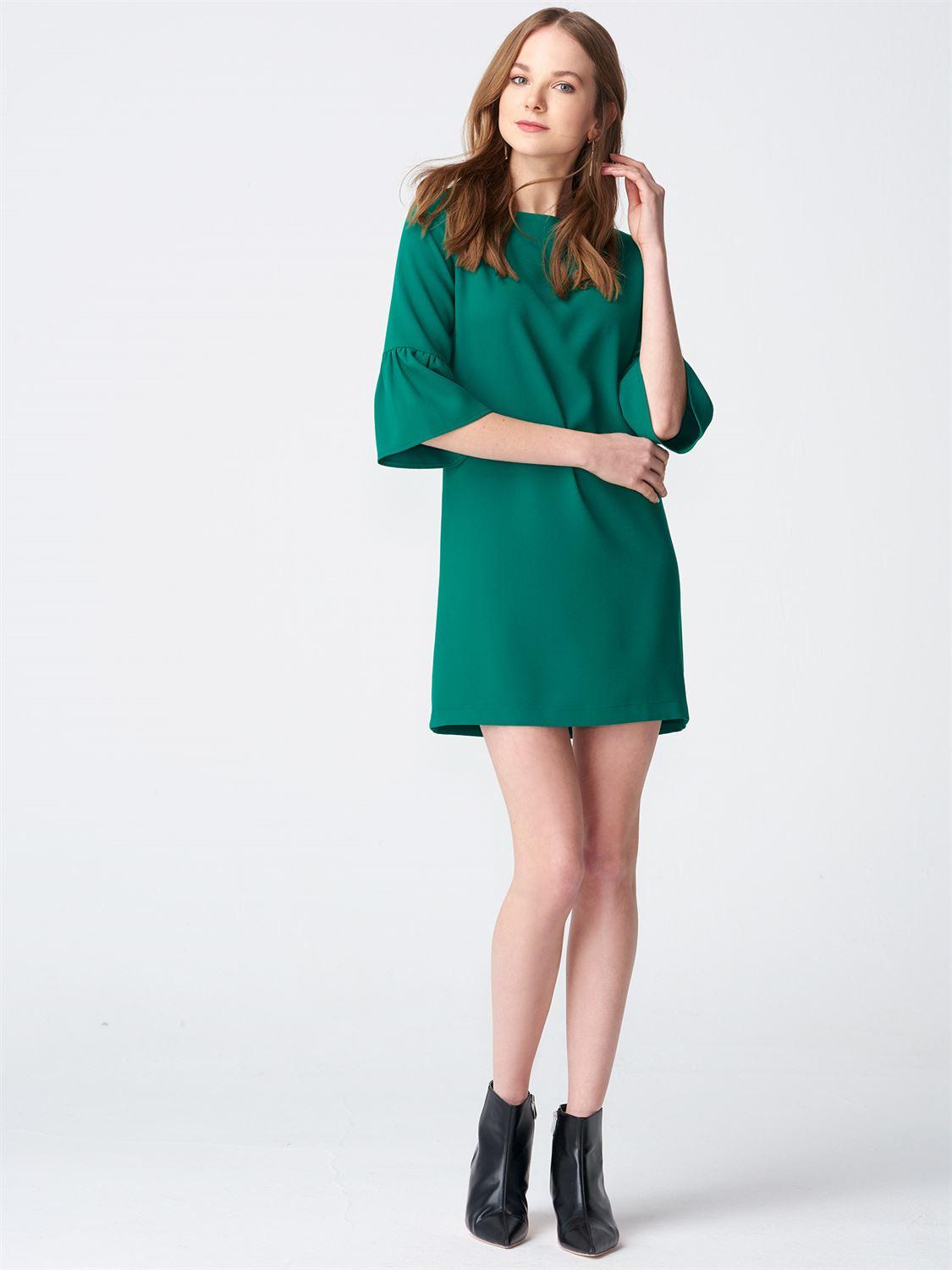 9650 Kol Volanlı Elbise-Yeşil