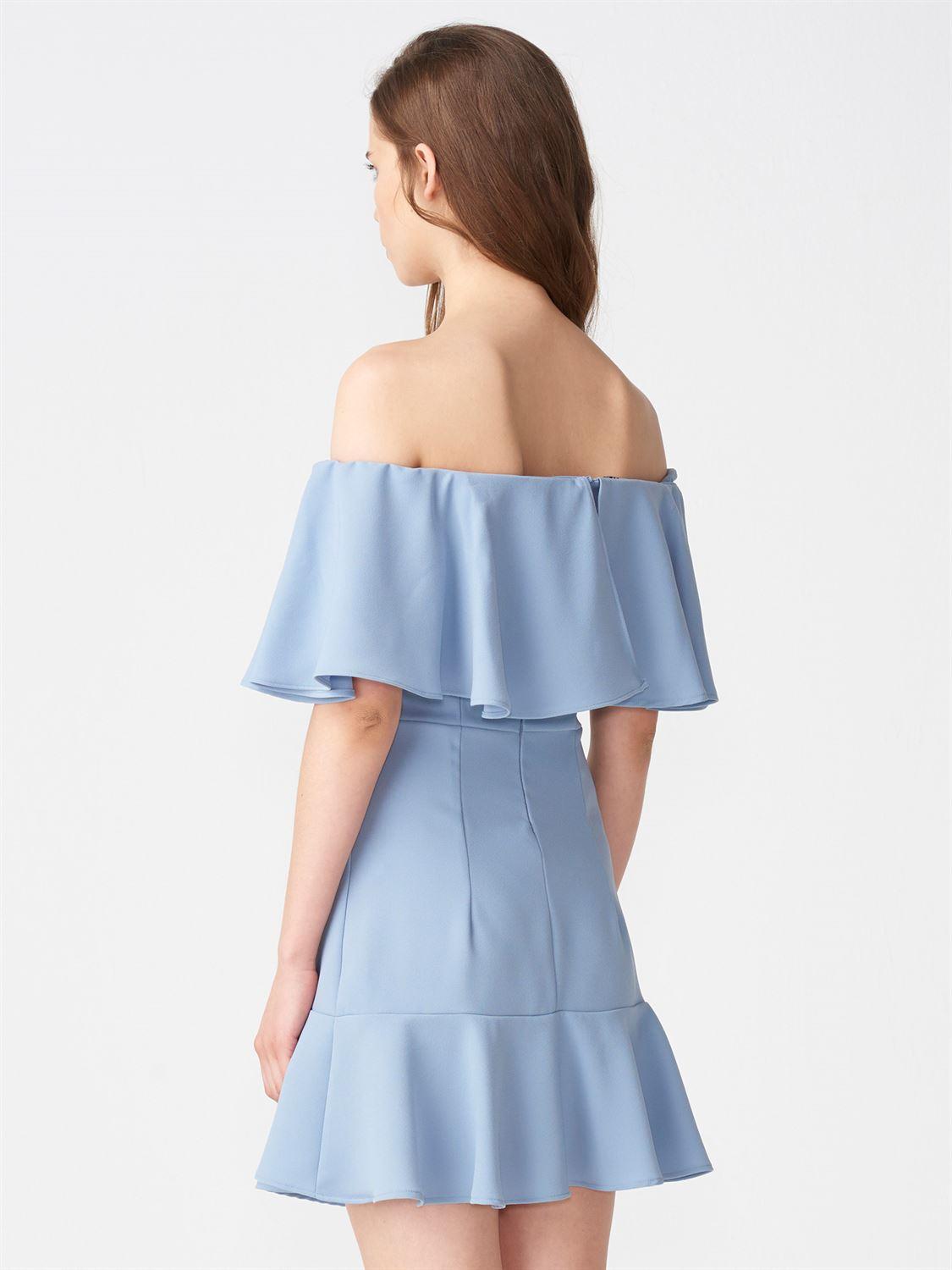 9680 Düşük Omuz Volanlı Elbise-Mavi