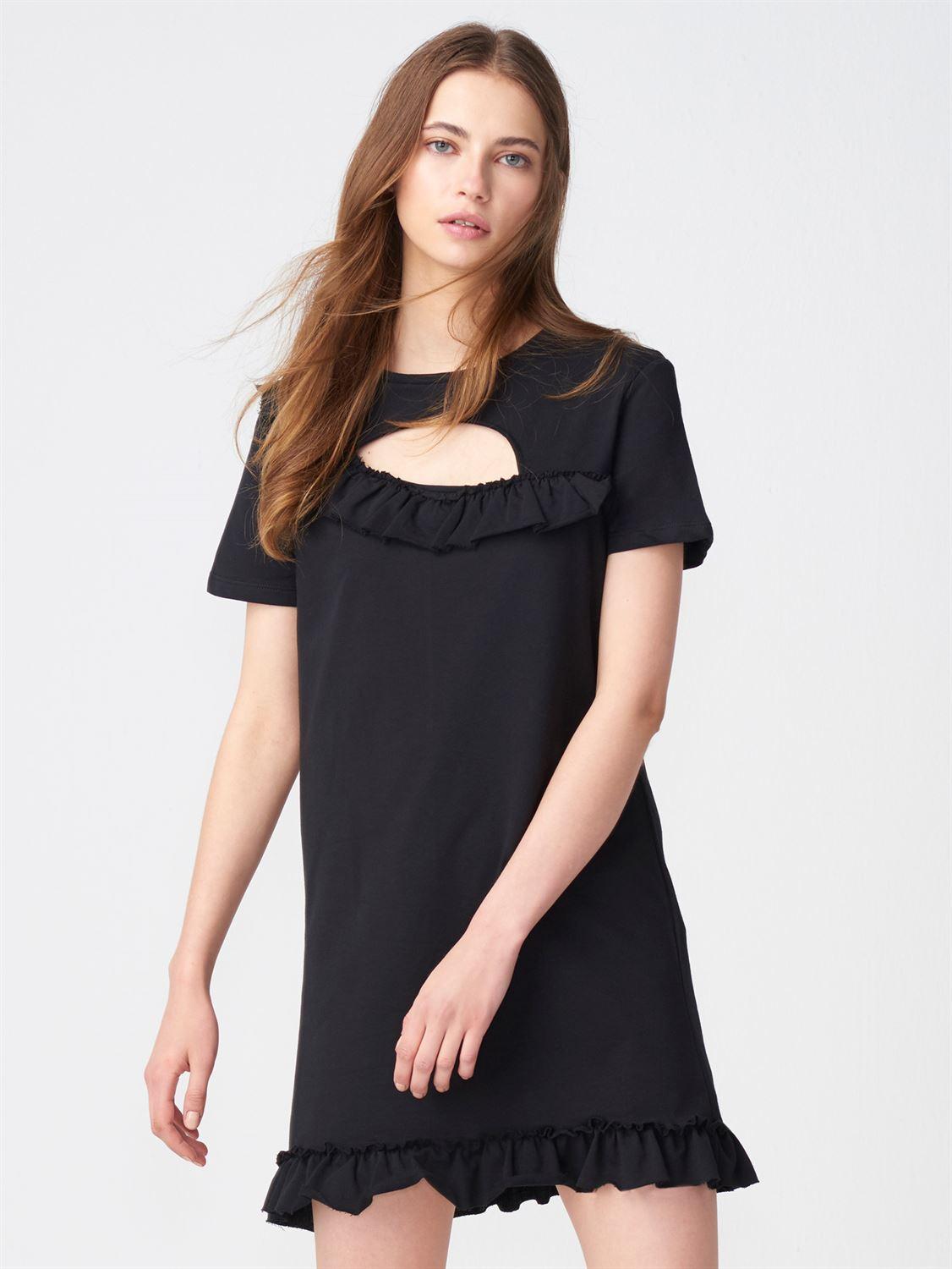9804 Fırfır Detaylı Penye Elbise-Siyah