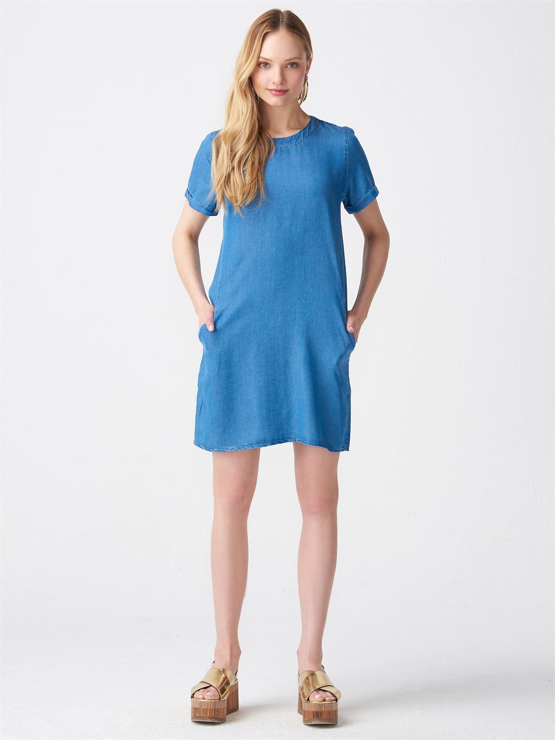 9580 Arkası Fermuarlı Tensel Elbise-Mavi