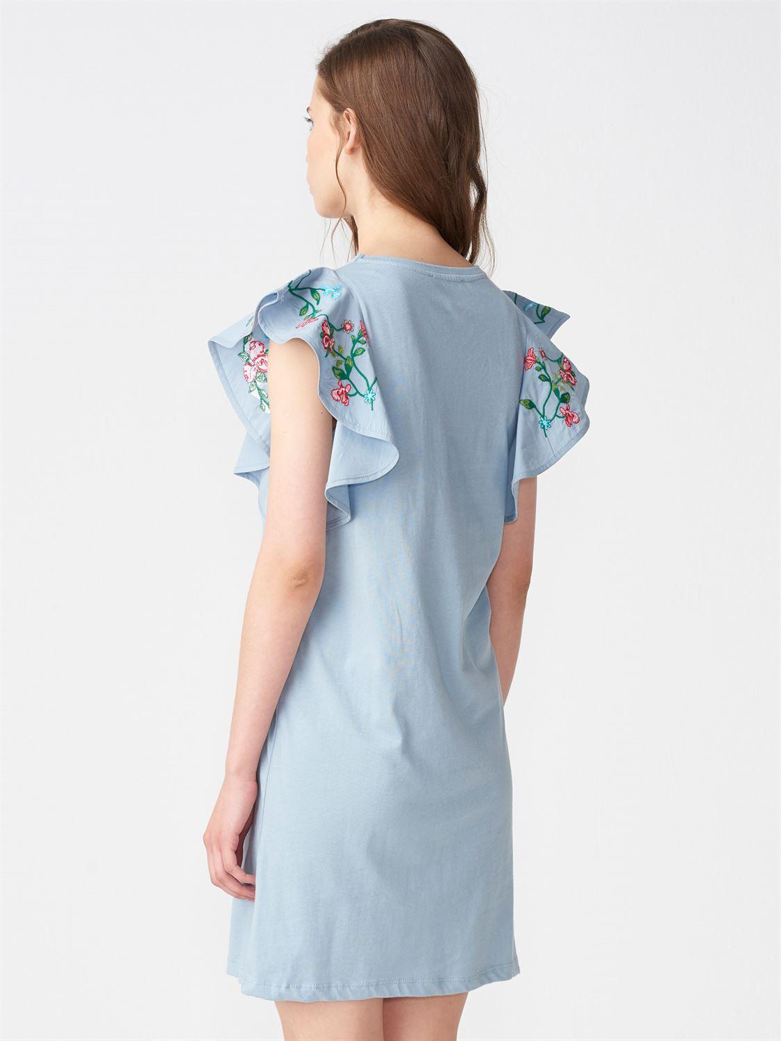9810 Kolları Nakışlı Penye Elbise-Mavi