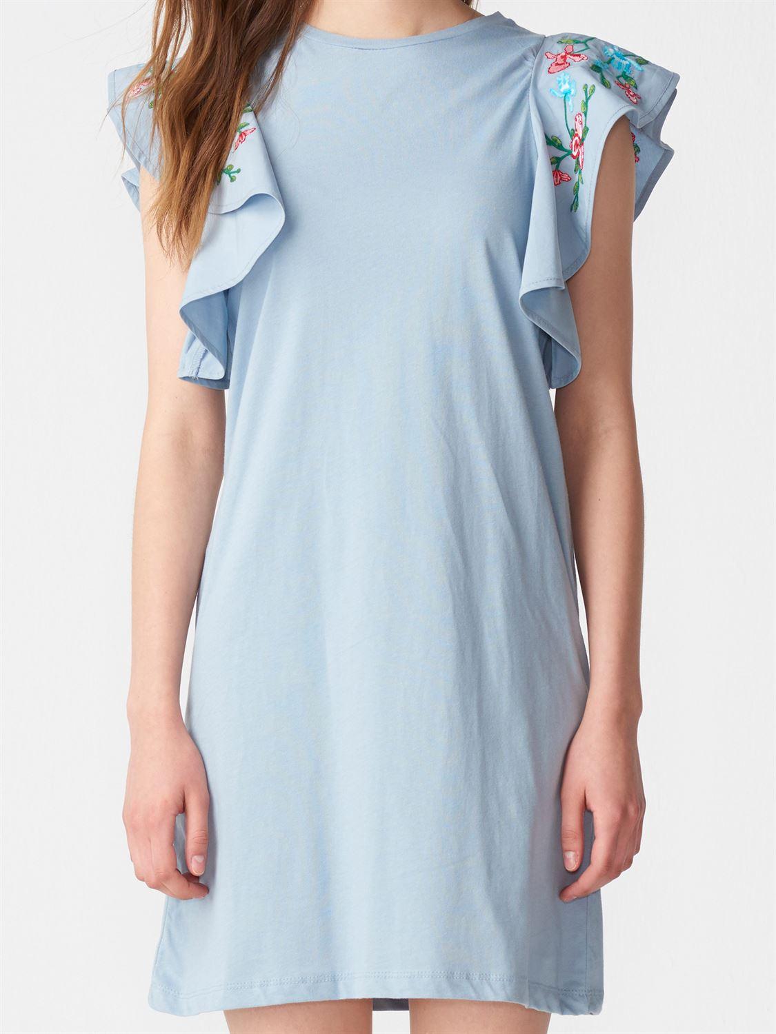 9810 Kolları Nakışlı Penye Elbise-Mavi