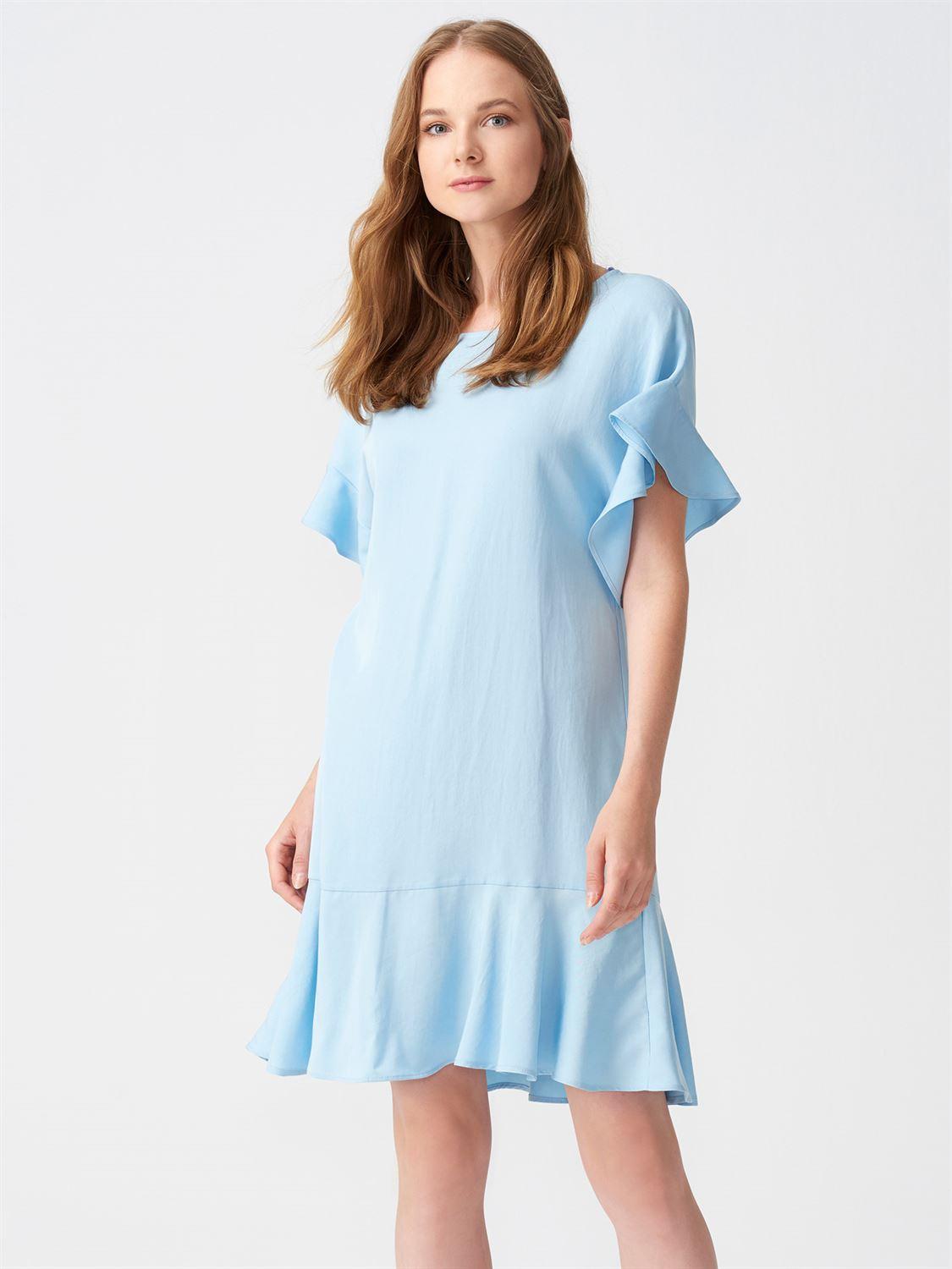 9817 Volanlı Tensel Elbise-Mavi