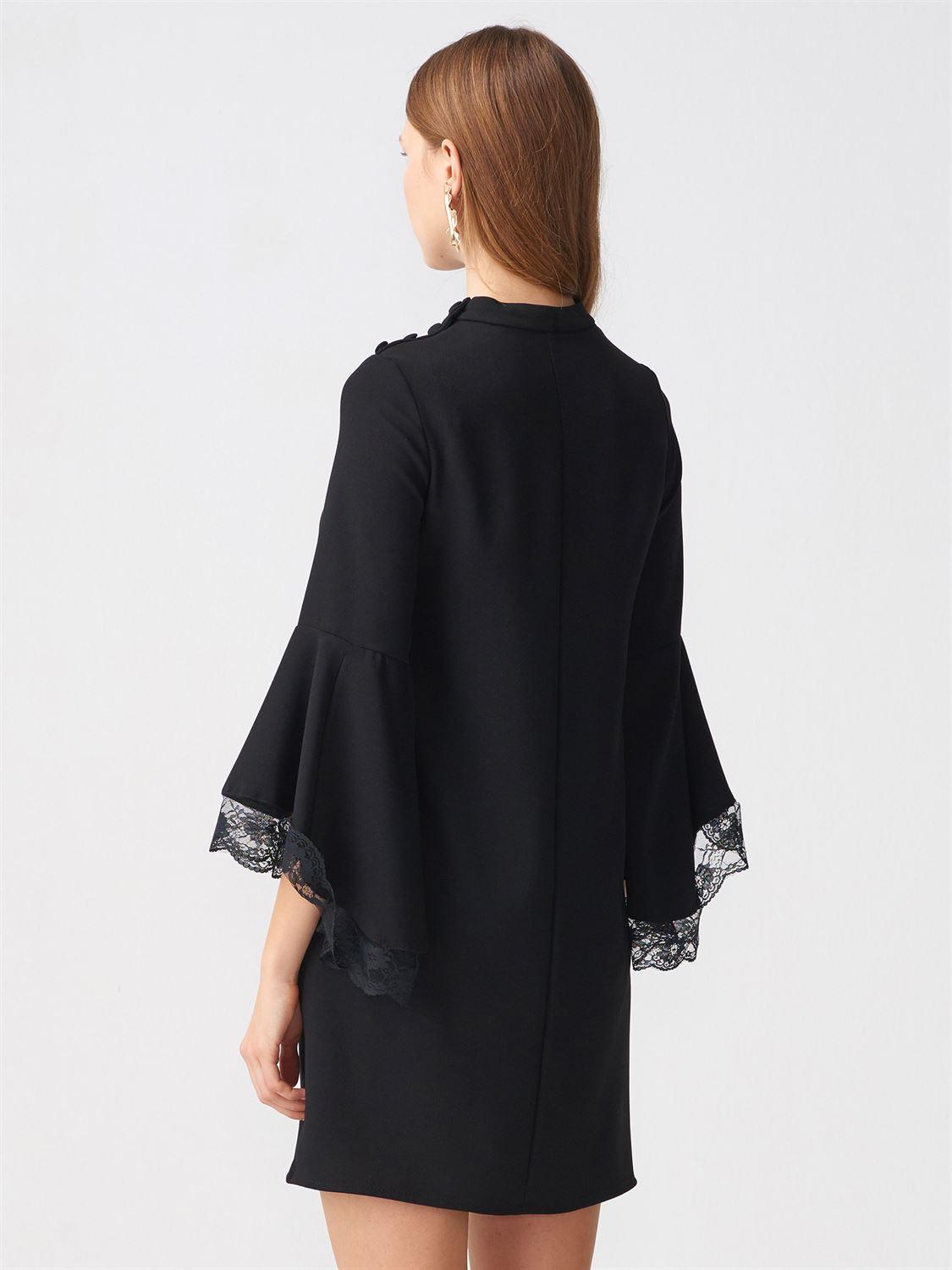 9830 Dantel Detaylı İspanyol Kol Elbise-Siyah