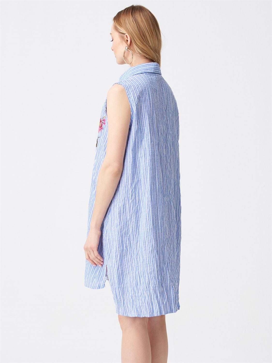 131 Çizgili Nakış İşlemeli Elbise-Mavi
