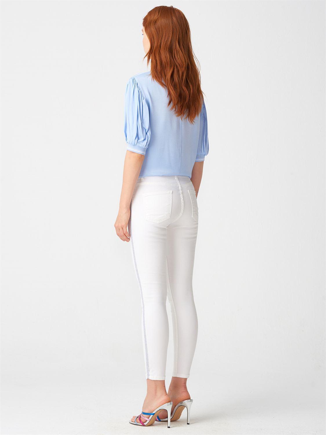 7509 Yanı Simli Şeritli Pantolon-Beyaz