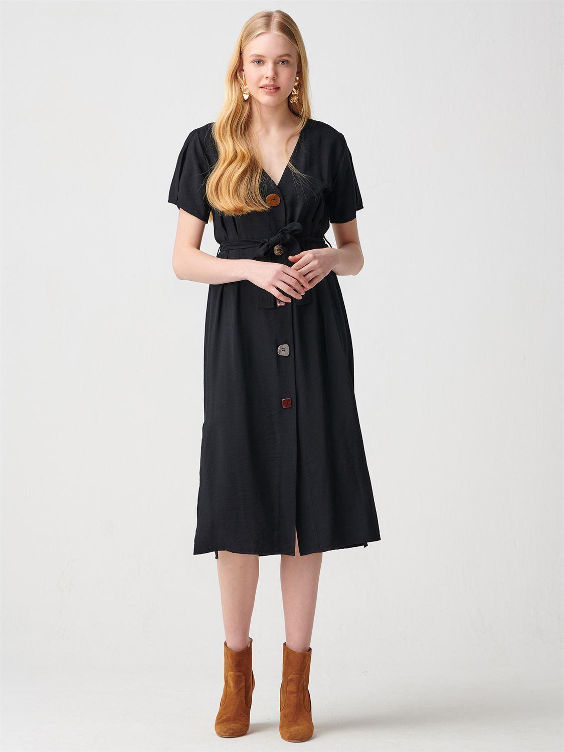 9938 Düğme Detaylı Pileli Elbise-Siyah
