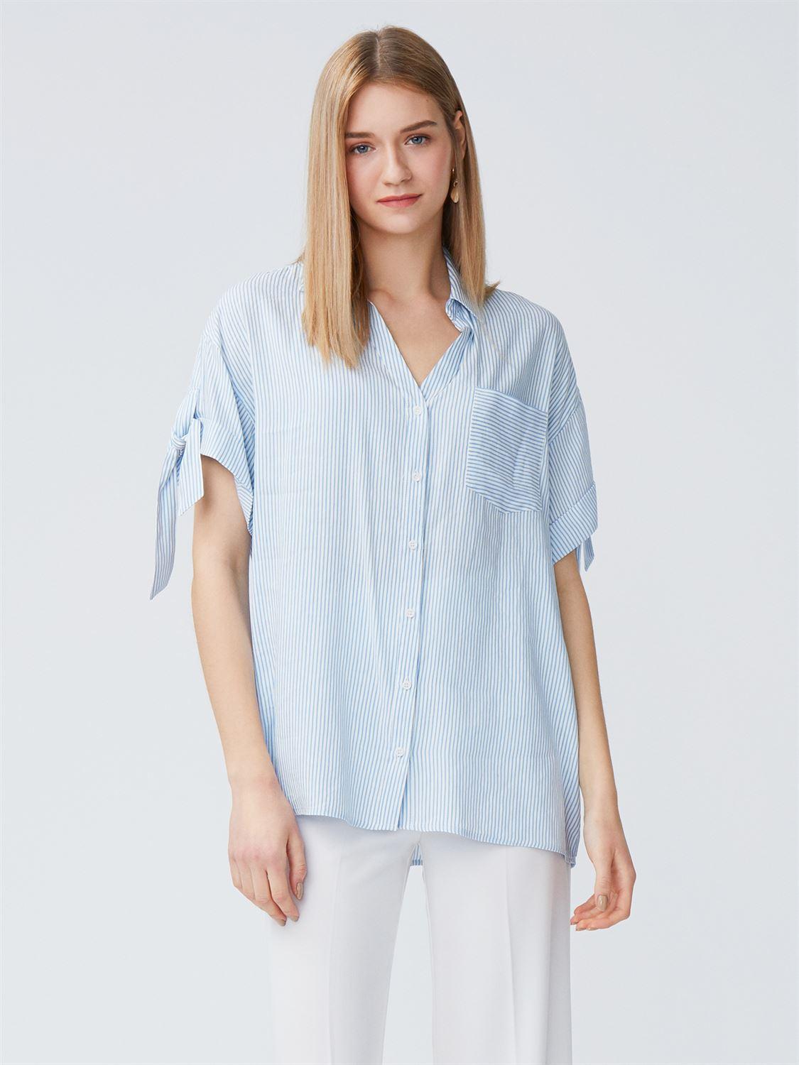 5680 Kolu Bağcıklı Gömlek Yaka Bluz-Mavi