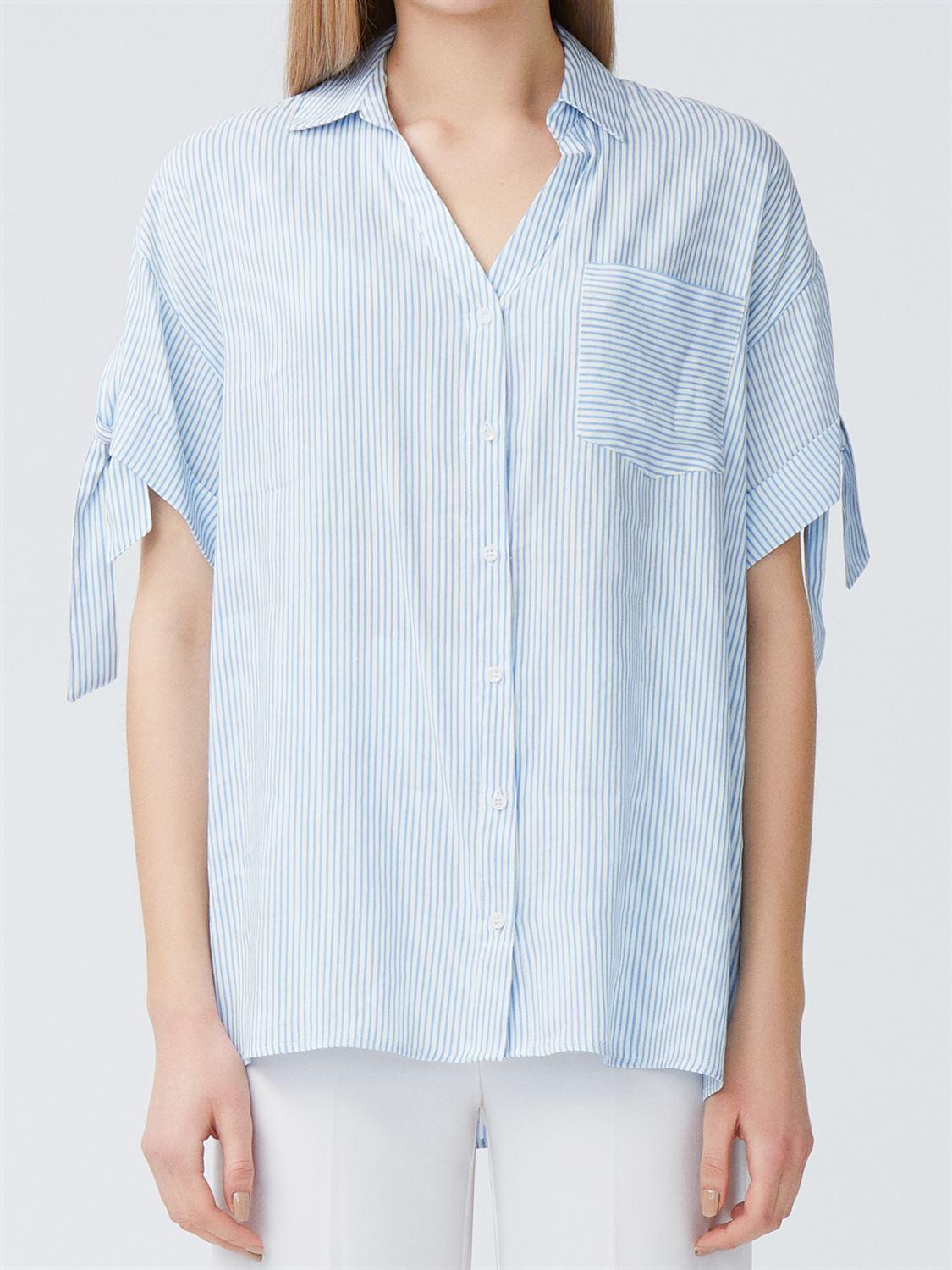 5680 Kolu Bağcıklı Gömlek Yaka Bluz-Mavi