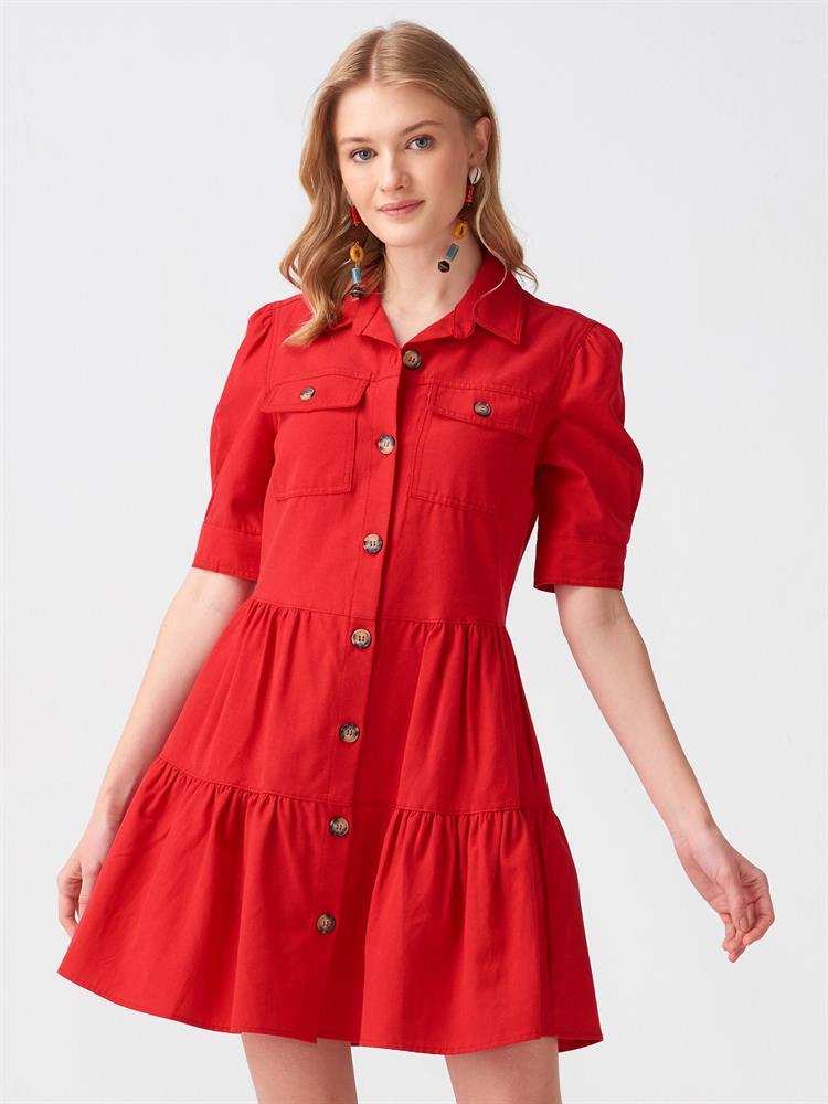9967 Eteği Büzgülü Gömlek Elbise-Kırmızı