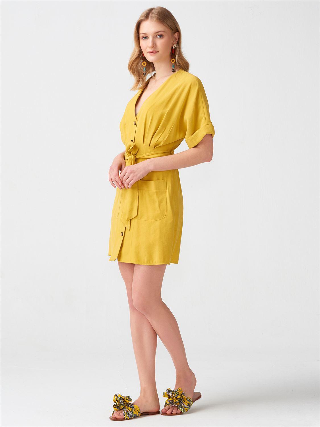 9002 Duble Kol Kuşaklı  Elbise-Asit Sarı
