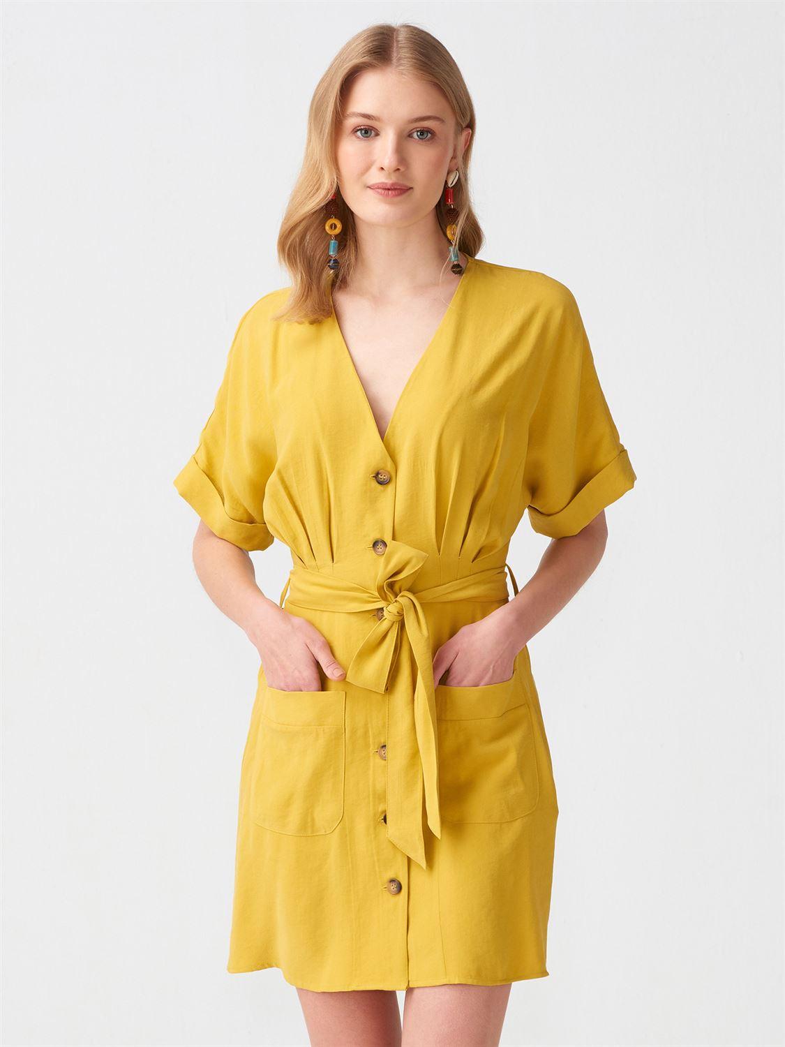 9002 Duble Kol Kuşaklı  Elbise-Asit Sarı
