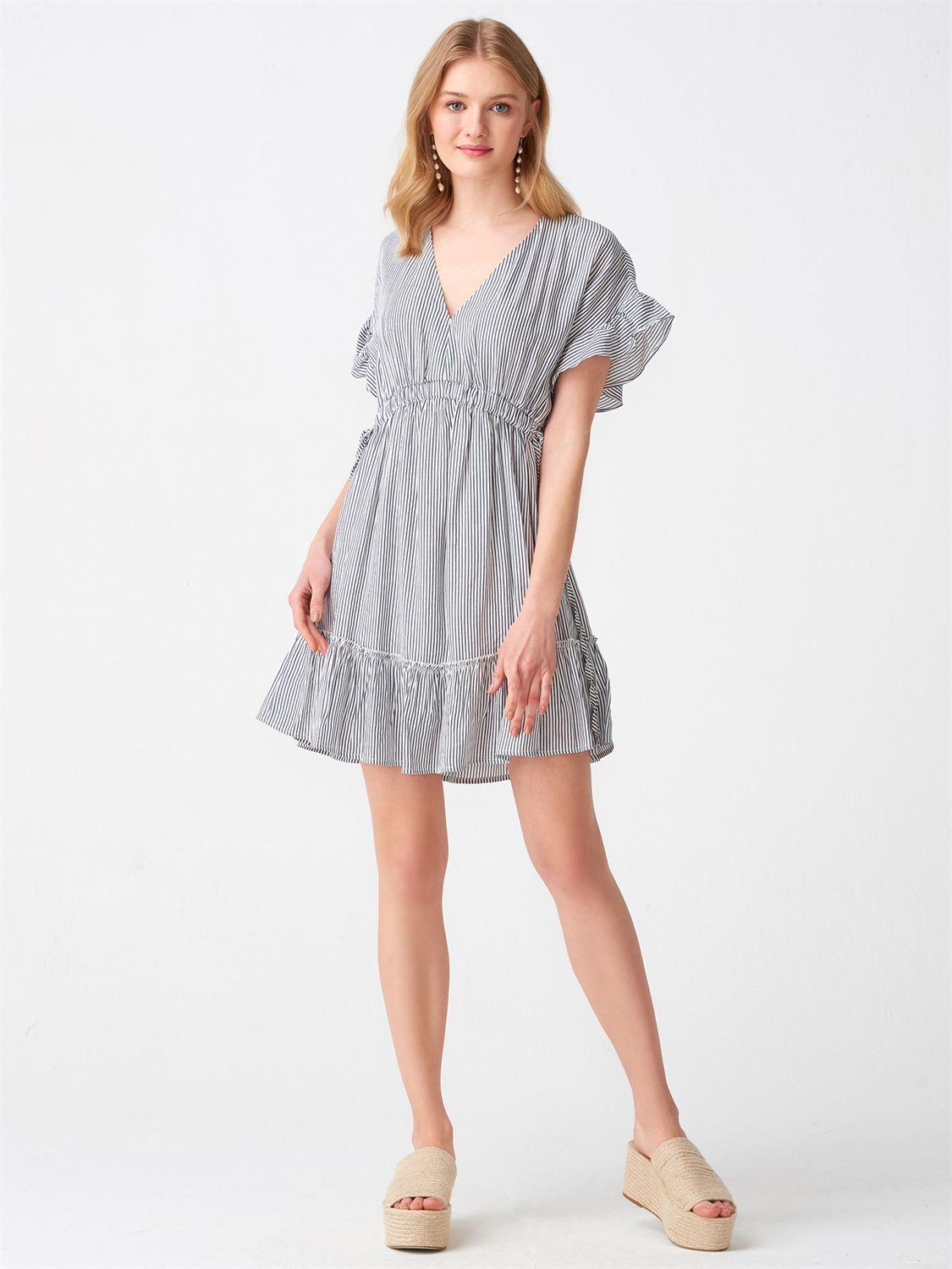9017 Eteği Fırfırlı  Elbise-Lacivert