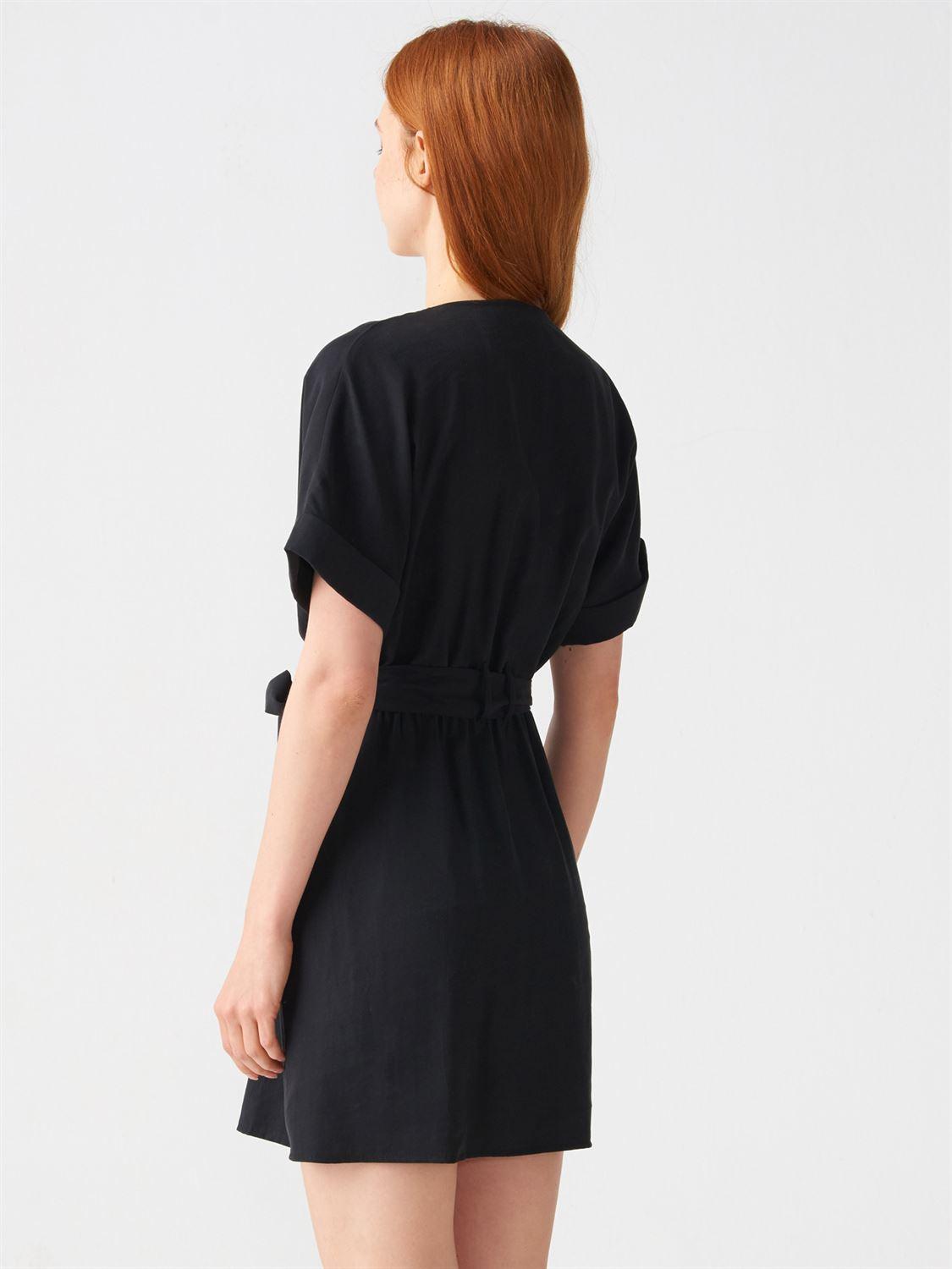 9002 Duble Kol Kuşaklı  Elbise-Siyah