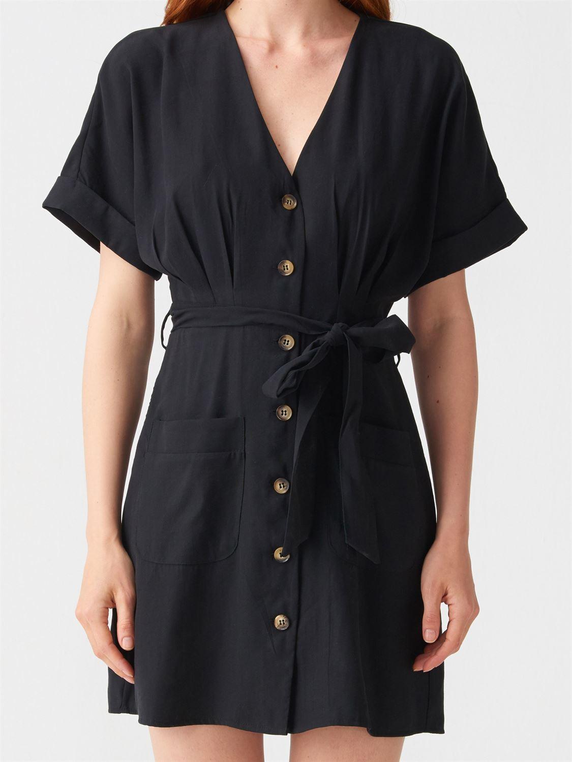9002 Duble Kol Kuşaklı  Elbise-Siyah