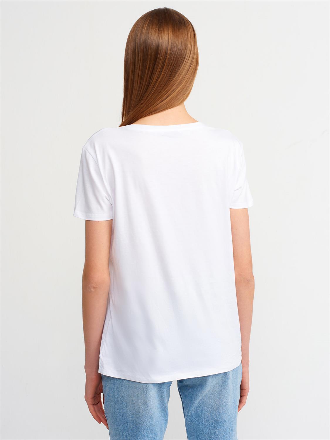 3470 V Yaka Basic T-Shirt-Beyaz