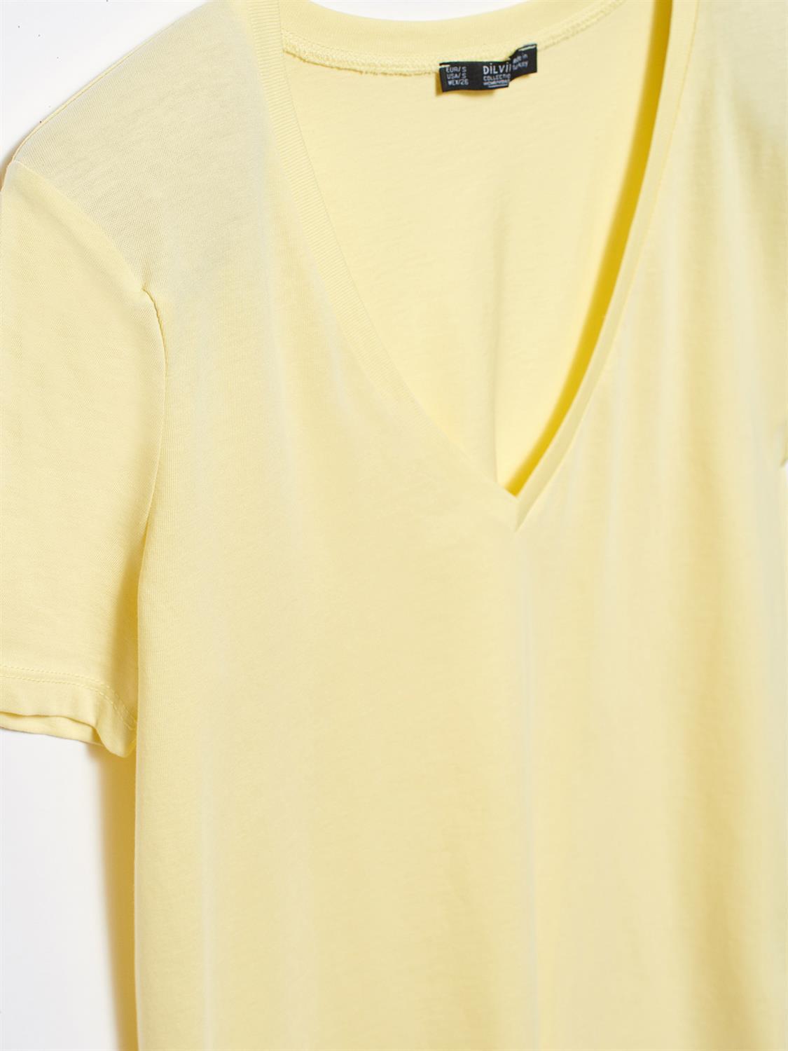 3505 V Yaka Vatkalı Penye Bluz-Sarı
