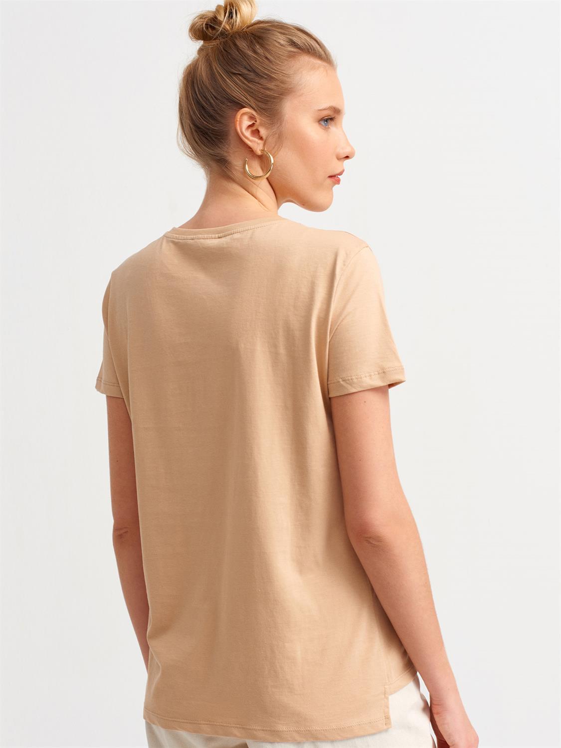 3470 V Yaka Basic T-Shirt-Camel