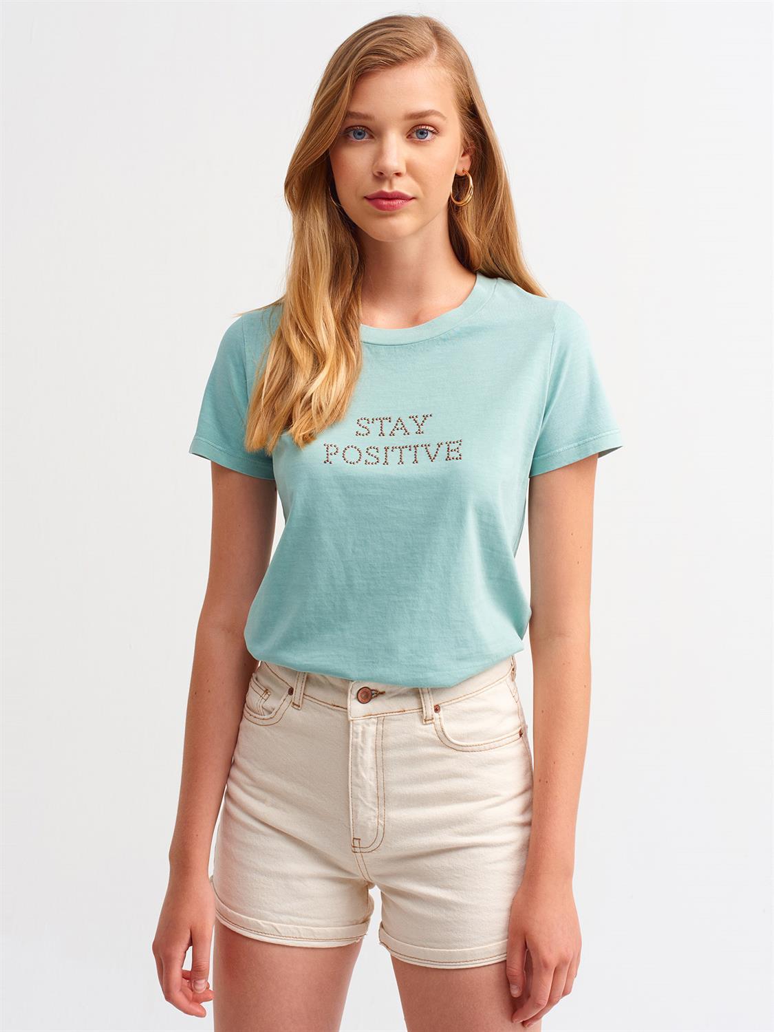 3538 Taş Baskılı Basic T-Shirt-Mint