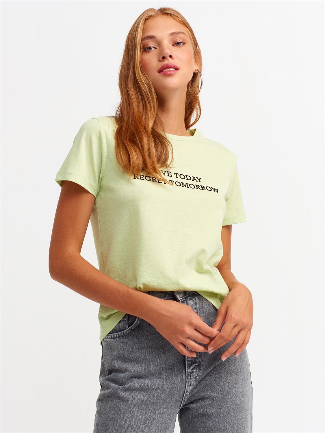 3574 Flok Baskılı Basic T-shirt-Mint