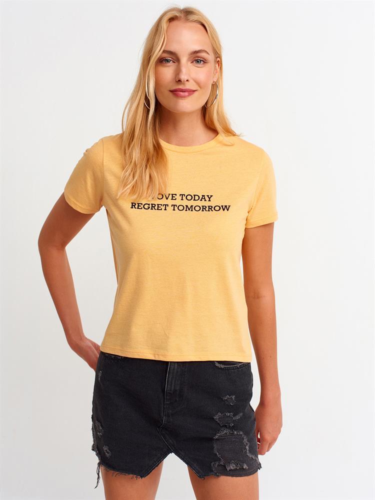 3574 Flok Baskılı Basic T-shirt-Oranj