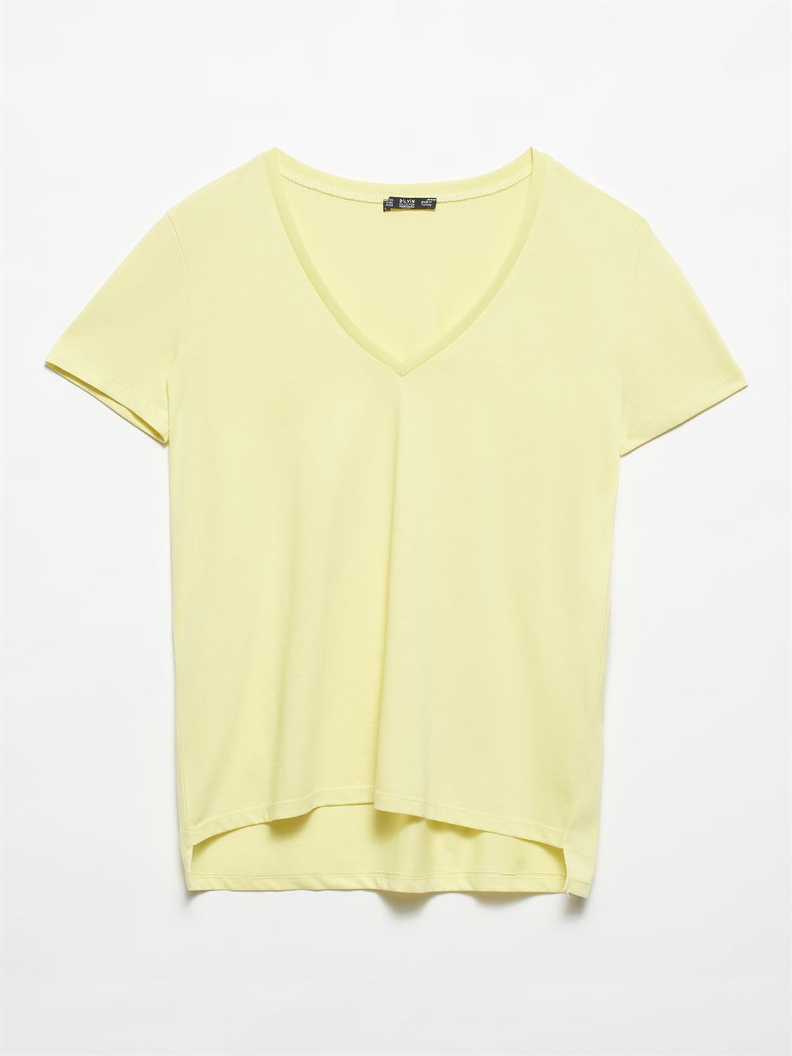 3470 V Yaka Basic T-Shirt-Açık Sarı