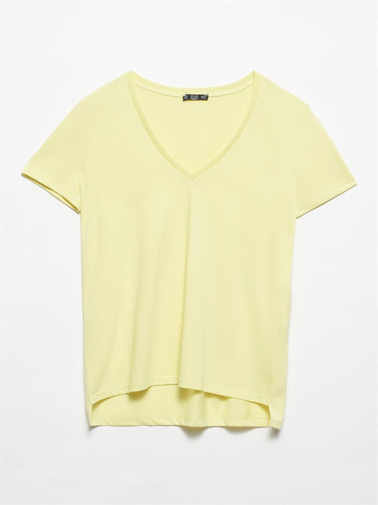3470 V Yaka Basic T-Shirt-Açık Sarı