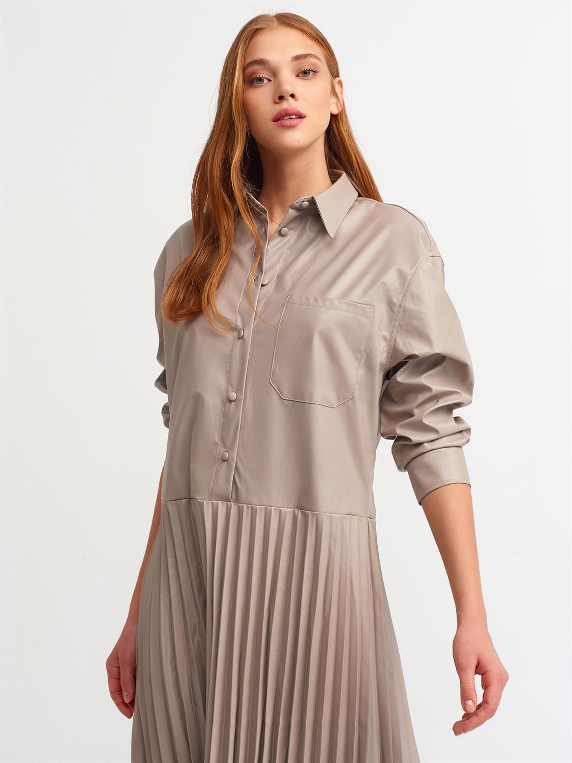 9078 Pilise Detaylı Gömlek Elbise-Vizon