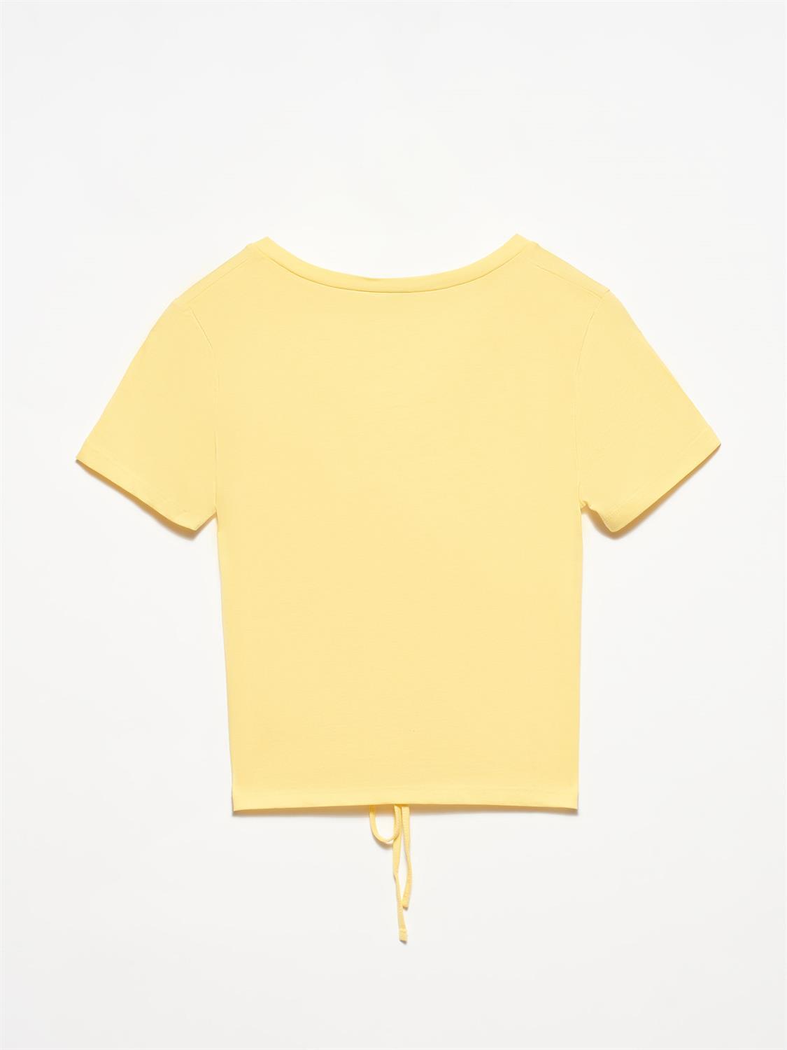 3551 V Yaka Önü Bağcıklı T-Shirt-Canlı Sarı