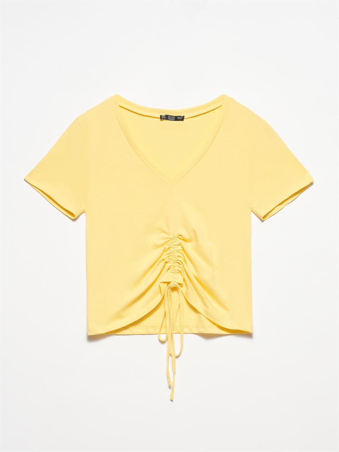 3551 V Yaka Önü Bağcıklı T-Shirt-Canlı Sarı