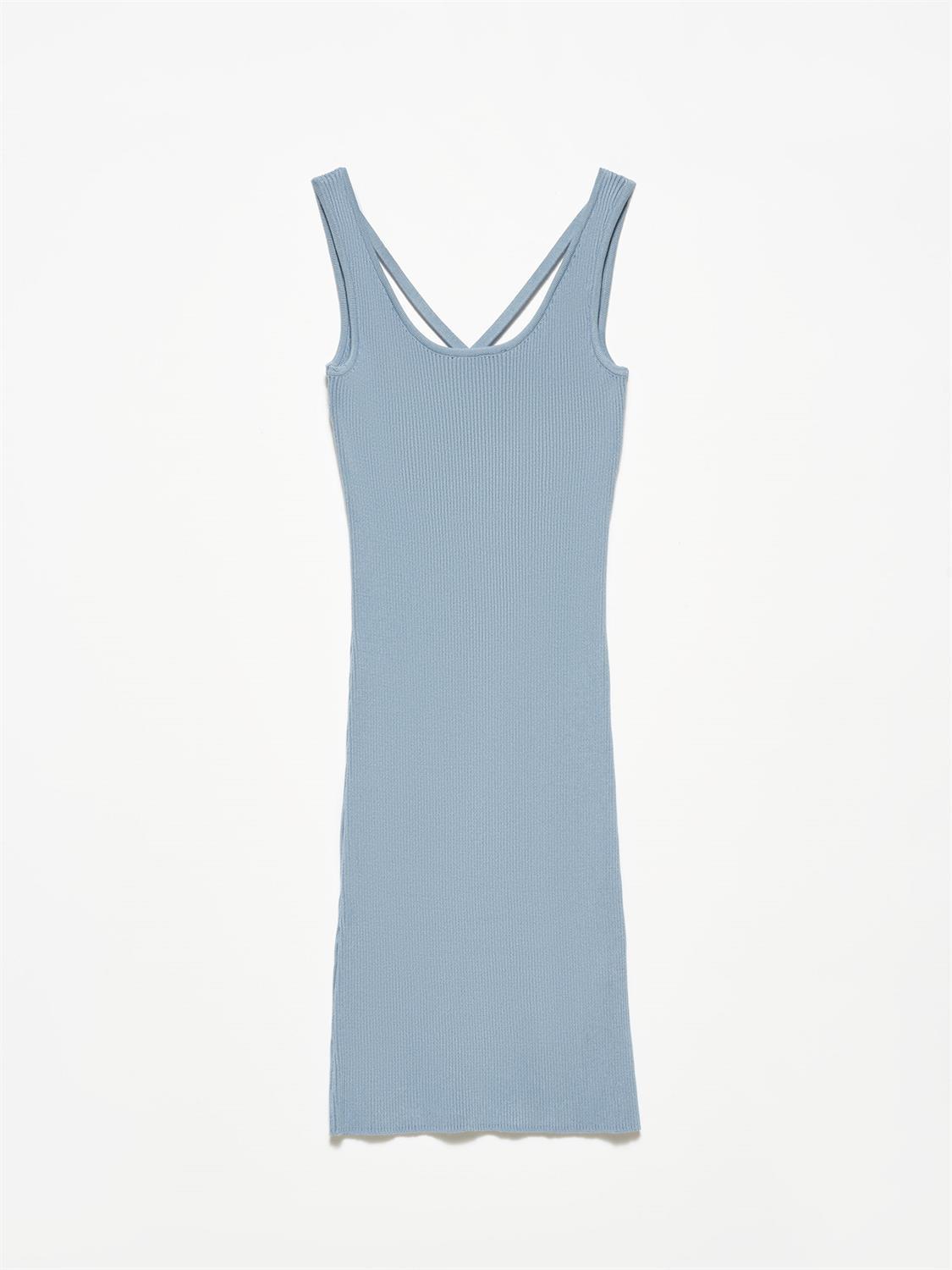 1129 Askılı Arkası Dekolte Triko Elbise-Denim Mavi