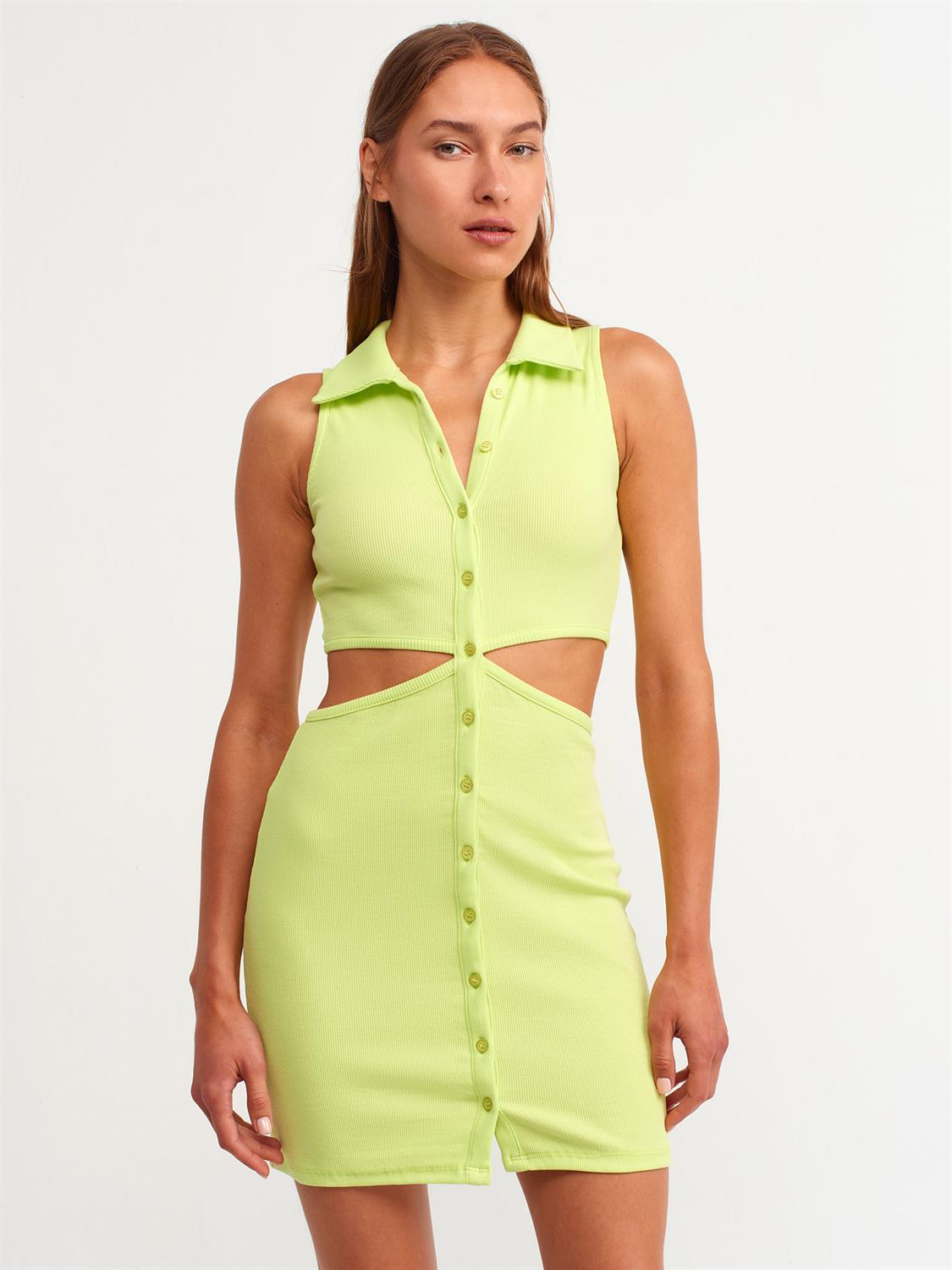 9105 Gömlek Yakalı Elbise-Lime