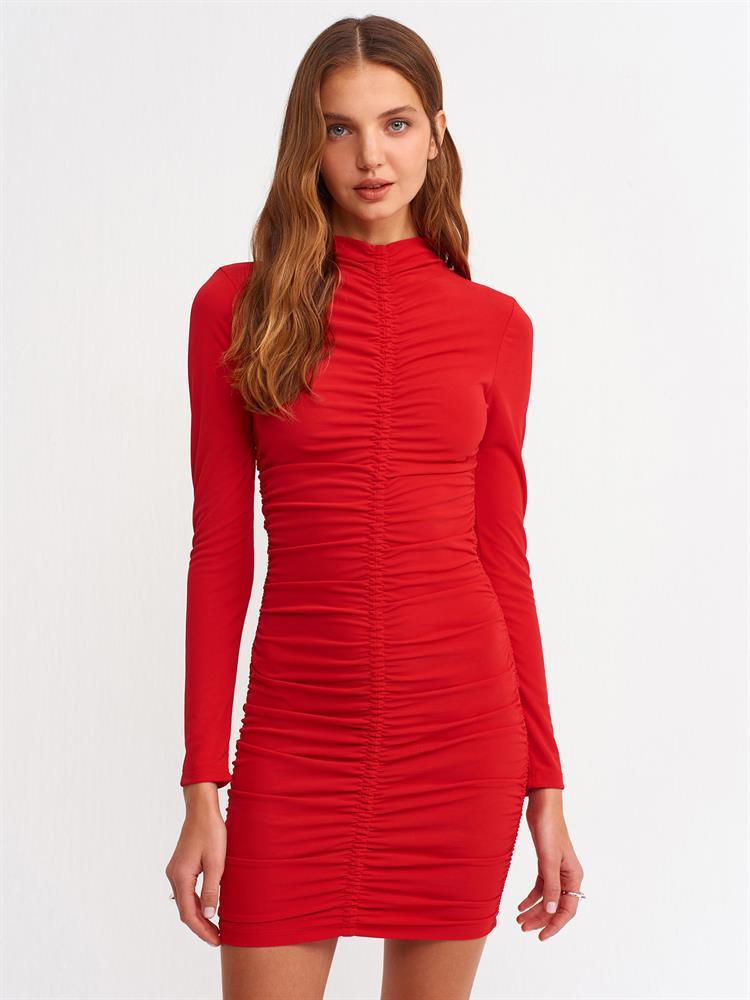 90306 Büzgülü Mini Elbise-Kırmızı