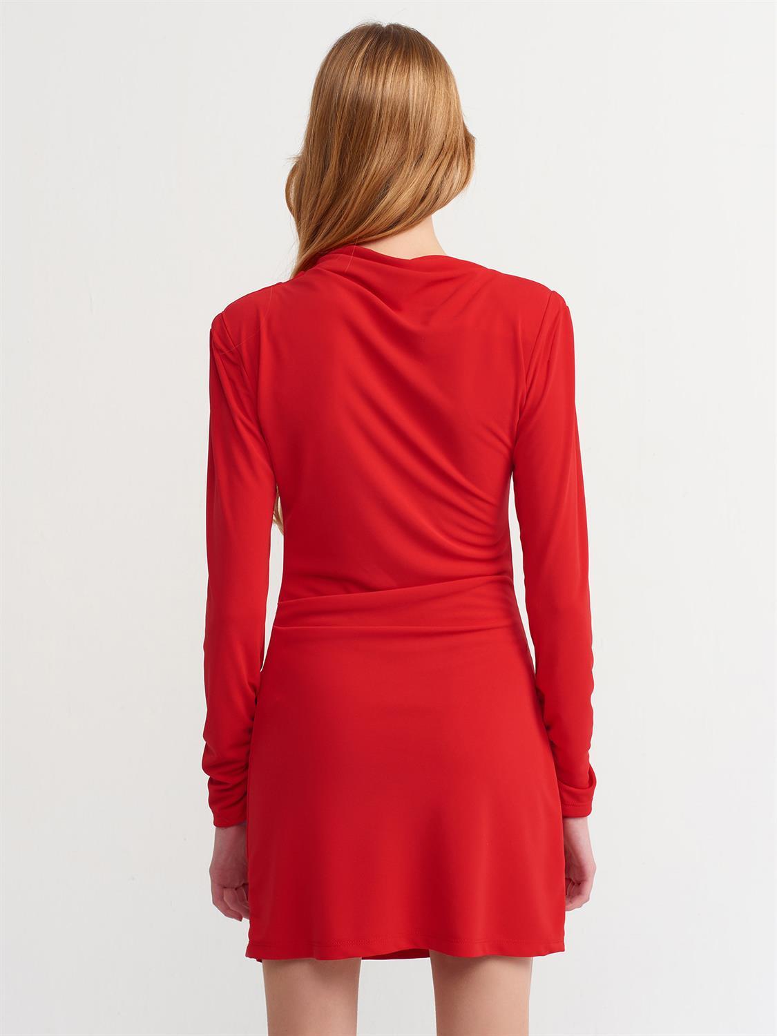 90313 Drapeli Elbise-Kırmızı