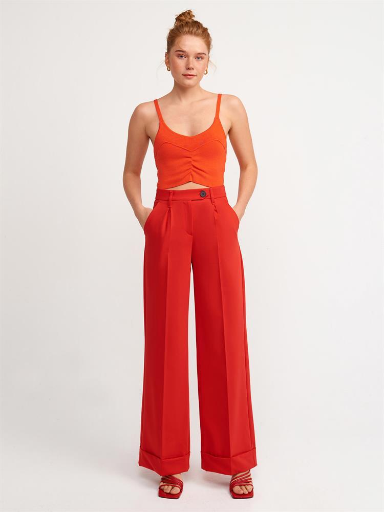 4958 Bel Bantlı Geniş Paçalı Pantolon-Kırmızı
